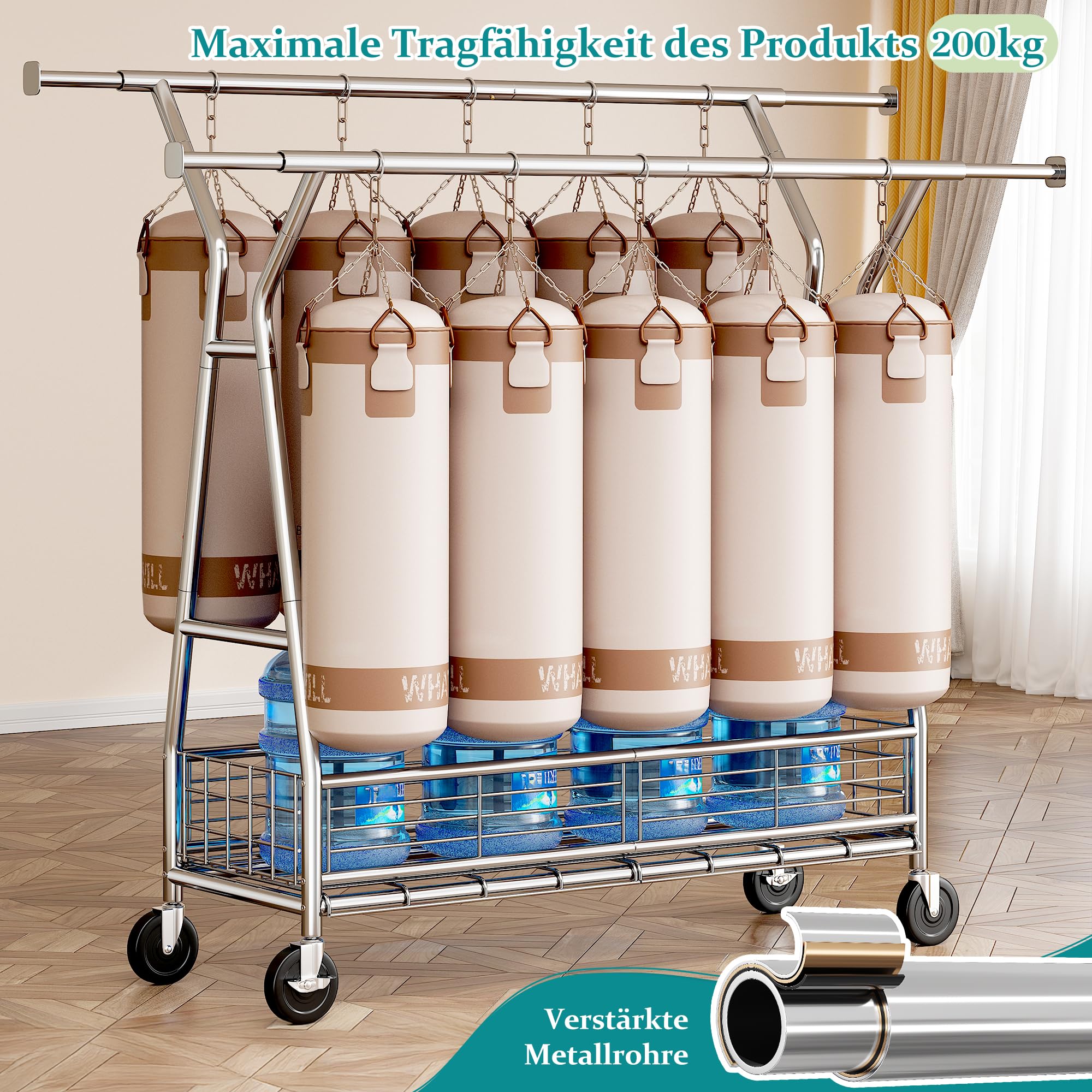 Kleiderständer auf Rollen mit Doppelstange & Netzkorb, 200 kg Schwerlast-Tragkraft, reichlich Stauraum für Kleidung & Accessoires