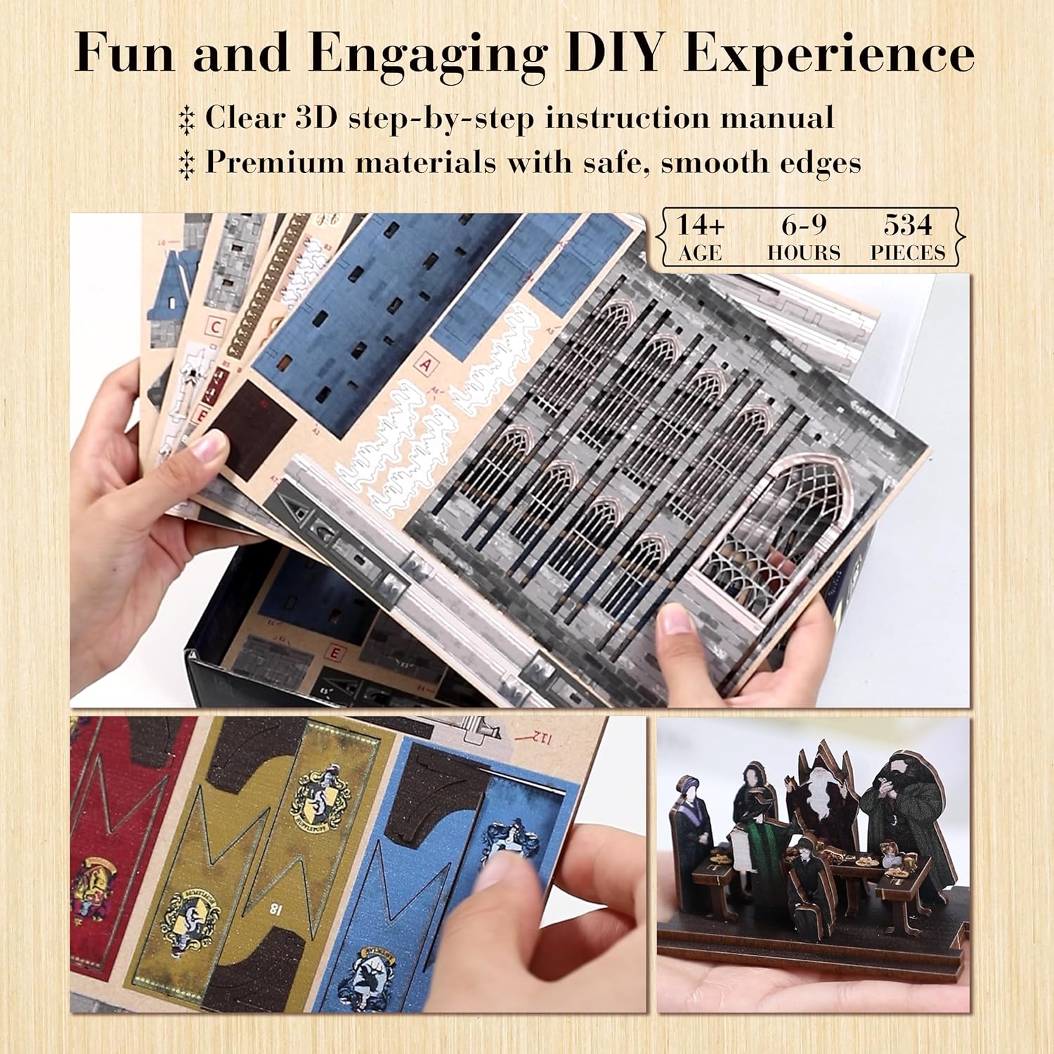 Harry Potter Great Hall Book Nook Kit – DIY 3D Wooden Puzzle with LED Lights | Hogwarts Banquet Hall Bookshelf Insert for Adults & Teens | Wizarding World Collectible & Magical Home Decor