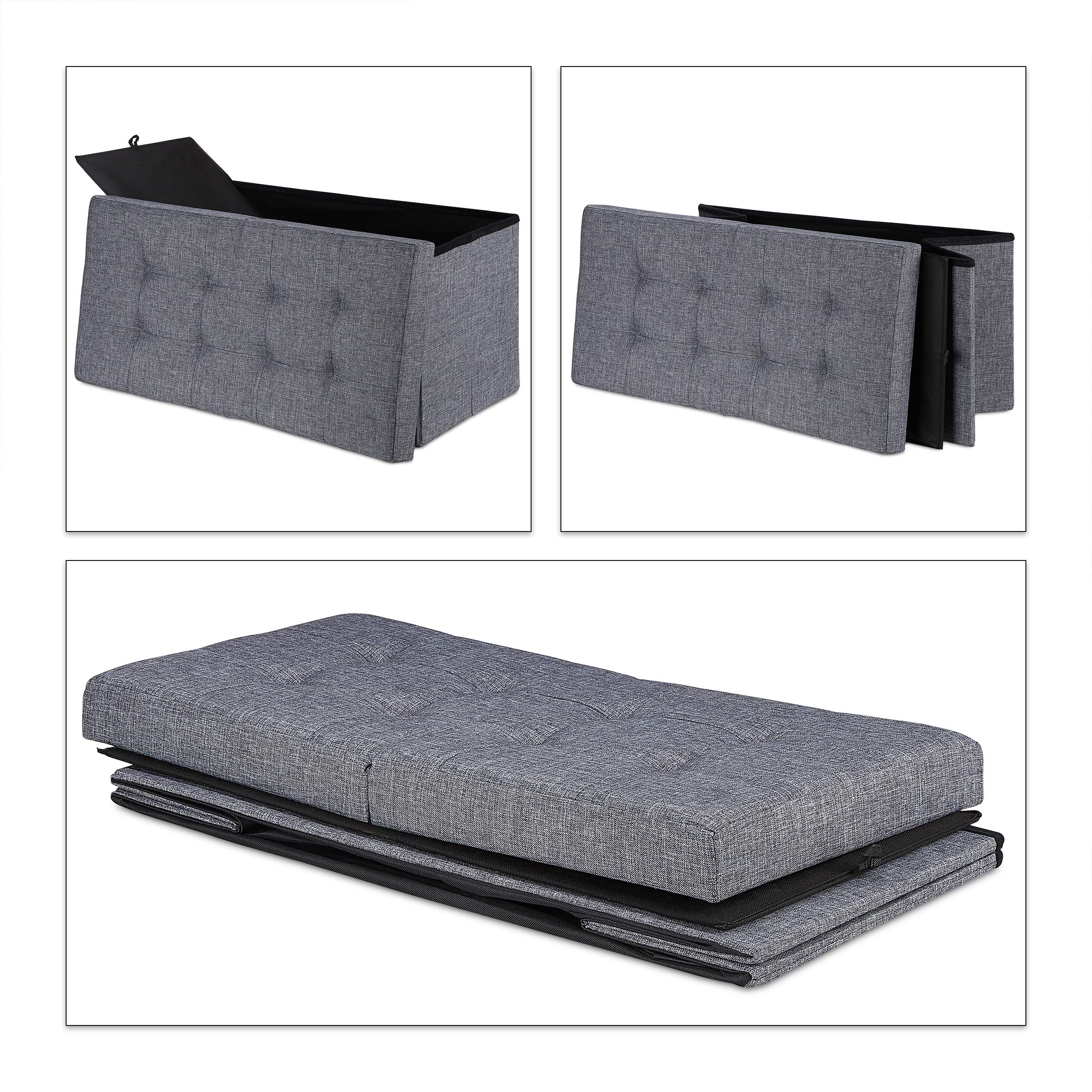 Relaxdays Contenitore Pouf, Capiente Panca Imbottita, Cassapanca con Coperchio Pieghevole, Camera & Sala, grigio scuro