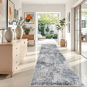 Washable Wide Runner Rug 4x12 - Living Room Abstract Runner Rugs Soft Low Pile Indoor Carpet for Bedroom Kitchen Non Slip Backing Stain Resistant Distressed Floor Decor Machine Washable Mat 4x12 Blue