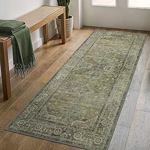 GENIMO Runner Rug 2x6 Non Slip Machine Washable Vintage Hallway Runner Rugs, Low Pile Lightweight Mat for Living Room, Entryway, Bedroom, Kitchen and Corridor, Distressed Sage