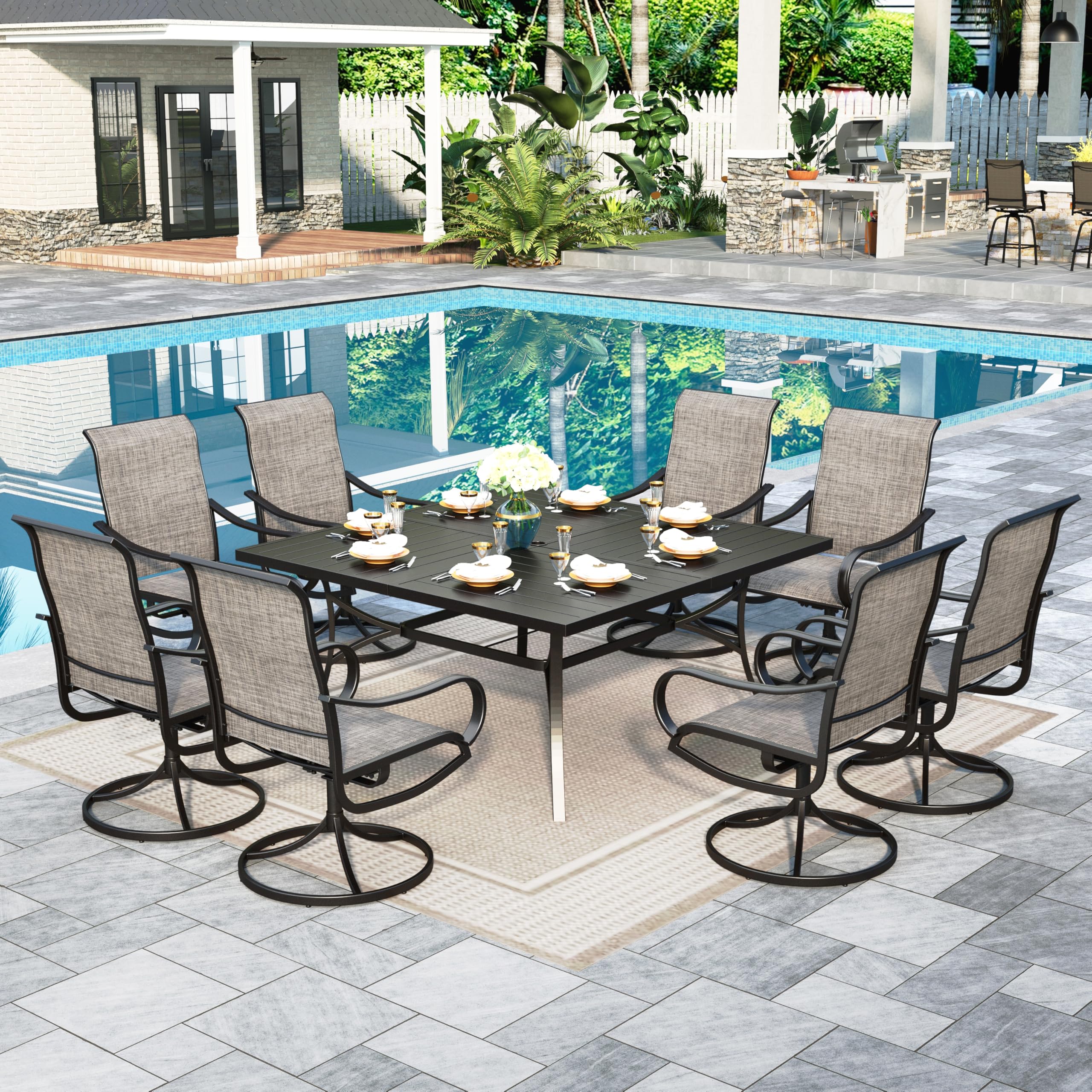 Sophia &amp; William Outdoor Dining Set Patio Dining Sets Patio Table and Chairs Set 9 Pieces 60" Square Outdoor Dining Table for 8 with Swivel Patio Chairs for Garden Pool All Weather Brown