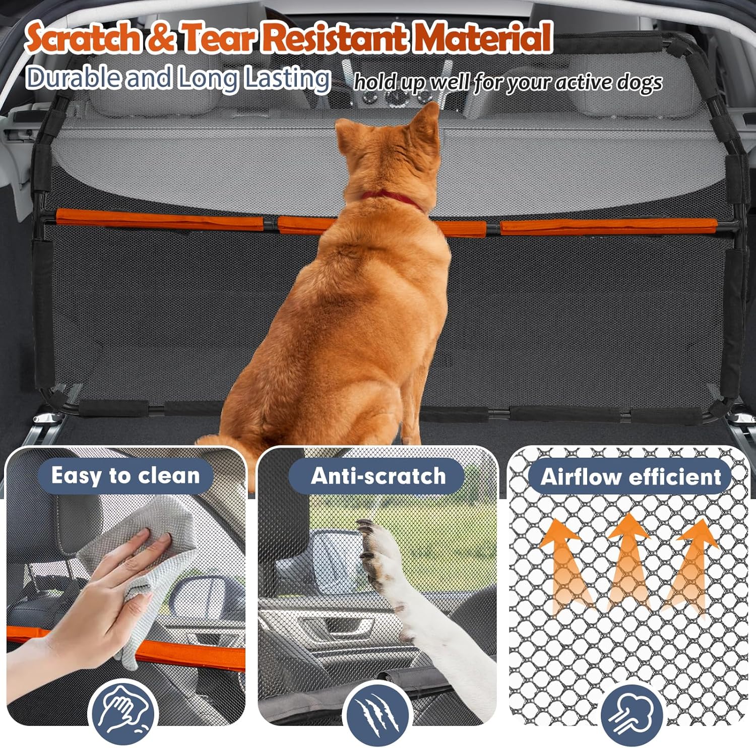 Dog Barrier for Cargo Area, 46" Wide See Through Vehicle Car Hatchback Dog Car Net Barrier, Dog Car Net Mesh for 3rd Row Seat,Back Seat Car Divider Barrier Restraint Fence Trunk Shield for Car