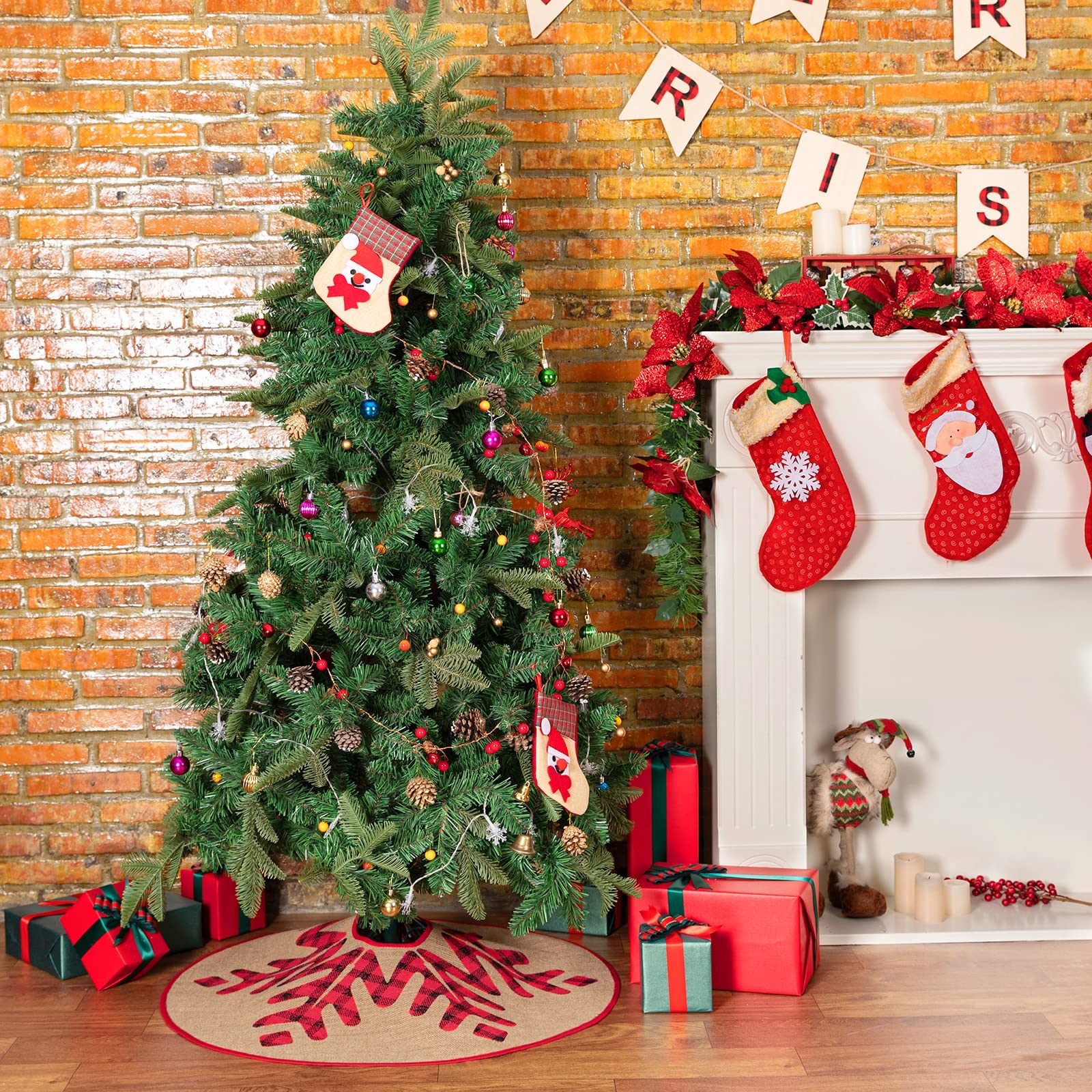 Jupe De Sapin De Noël En Toile De Jute 75 Cm - Motif Flocons De Neige Et Rubans - Décorations De Noël Traditionnelles Et Rustiques