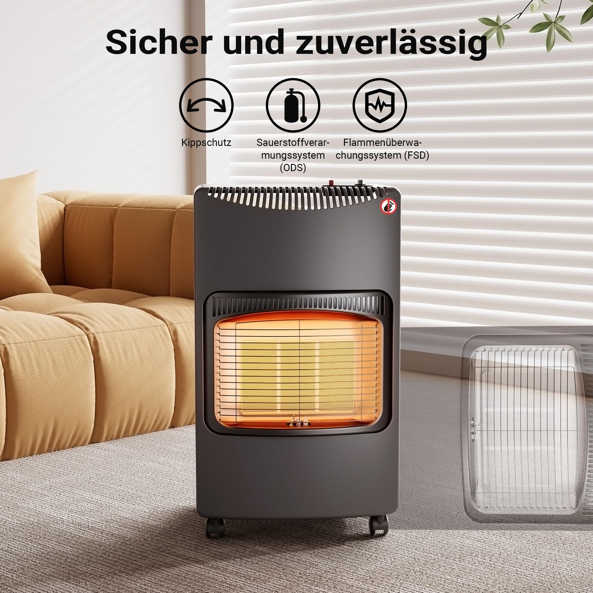 Wiltec mobile Gasheizung 4,2 kW, Gasheizstrahler 42 x 45 x 75,7 cm, Heizstrahler Innenraum mit Kippschutz, ODS und Rollen, Gasheizer kompatibel mit 13 kg Gasflasche