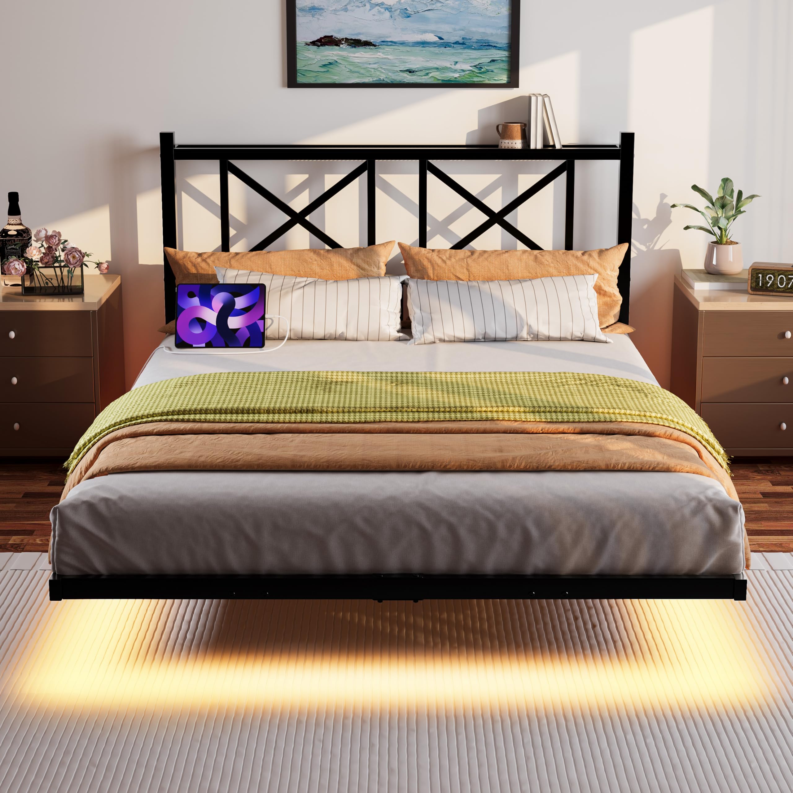 Klwenas Maec Japanese Floating Bed Frame Queen Size with LED Lights and Storage Space Metal Platform Bed, Heavy Duty Metal Slats Support No Box Spring