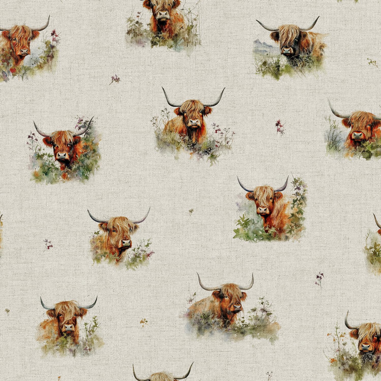 Cotton Rich Linen Look Upholstery Fabric 'Hedgerow Highland Cows' Digital Print - Per Metre - 140 cm Wide