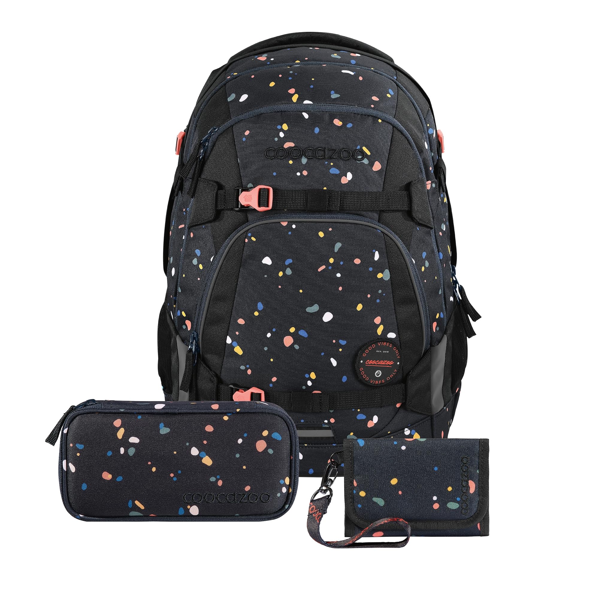 Coocazoo Schulrucksack-Set MATE „Sprinkled Candy“ 3-teilig, schwarz, ergonomischer 30L Tornister, mit Brust- und Hüftgurt für Kinder ab der 5. Klasse, inkl. Mäppchen und Geldbörse