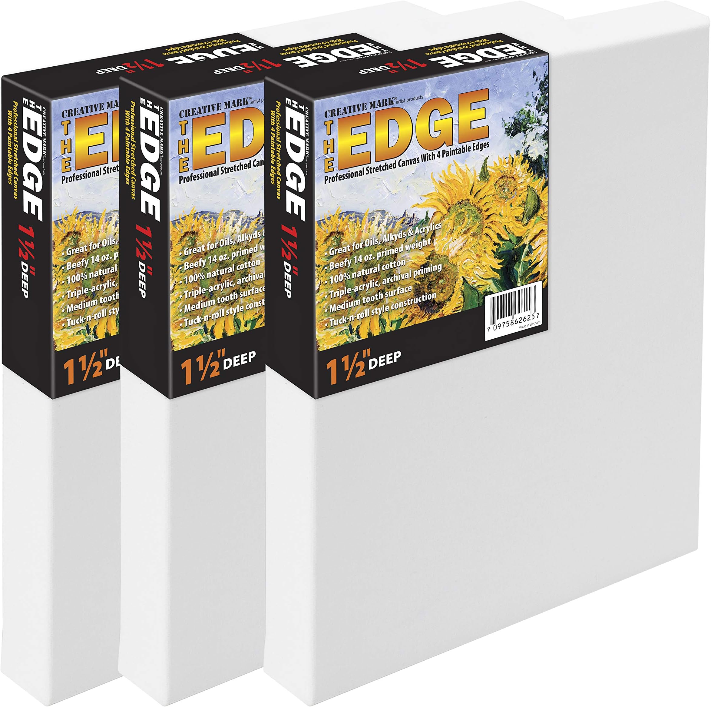 Creative Mark The Edge Deluxe Cotton 1-1/2" Deep Stretched Canvas for Painting, 9x12 Pack of 3, 14oz. Primed Weight, Universal Archival Priming, Medium Tooth, Frameless Artwork Canvas for Painters