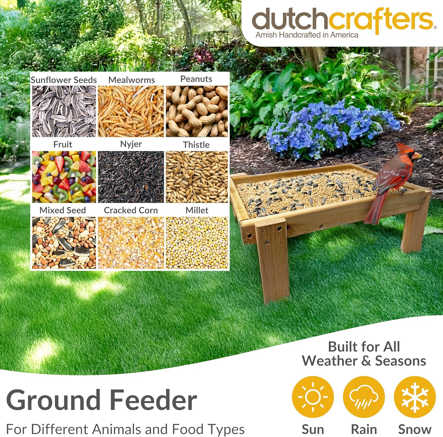 DutchCrafters Cedar Wood Large Open Ground Platform Bird Feeder Tray, Wooden Bird Seed Feeder for Outdoor Wild Birds, Animals for Outside, Garden, Yard