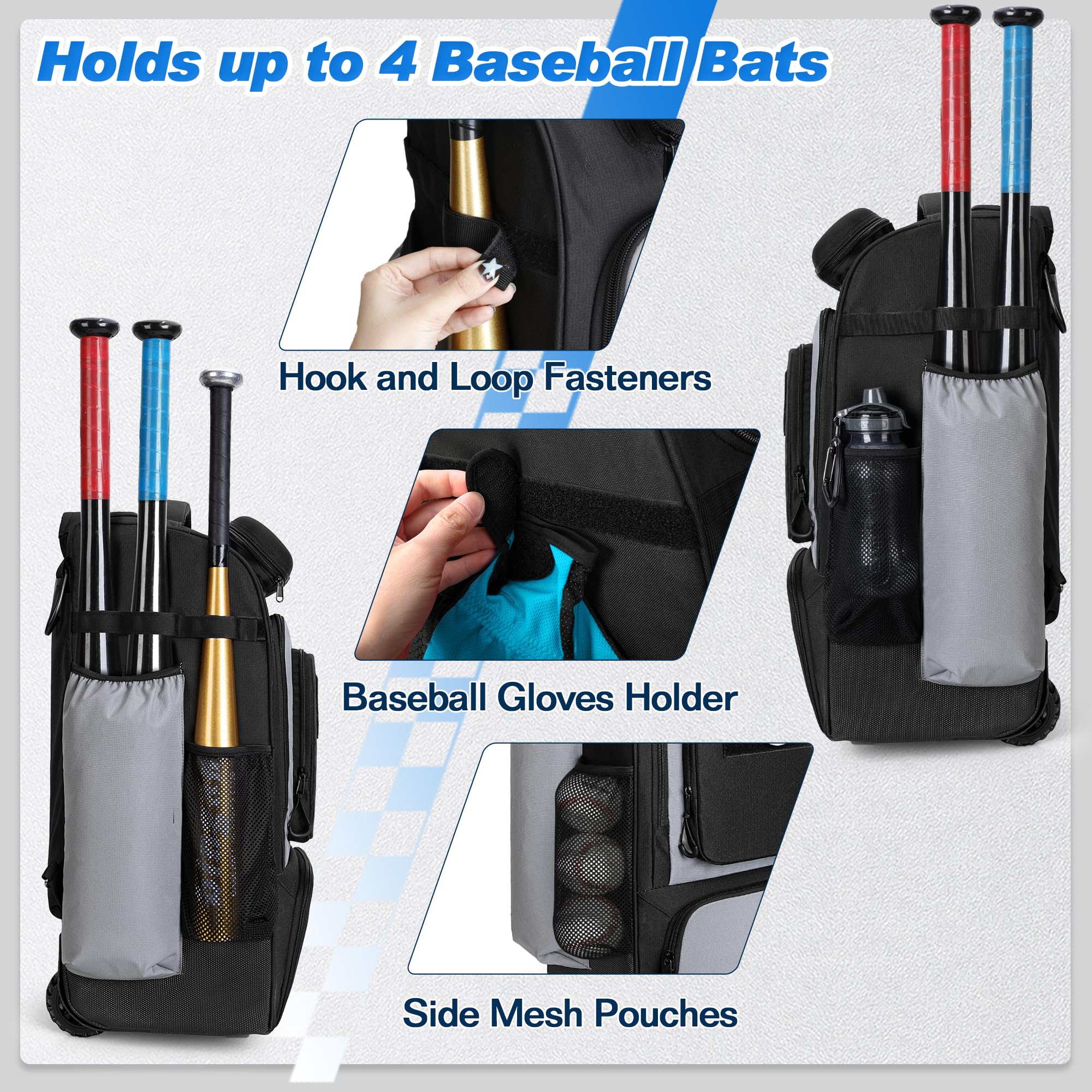 GOBUROS Baseball Rucksack mit Rollen, Softball-Ausrüstungstasche für 4 Schläger, Rollrucksack mit Schuhfach und Mehreren Taschen für Baseball Ausrüstung und Zaunhaken