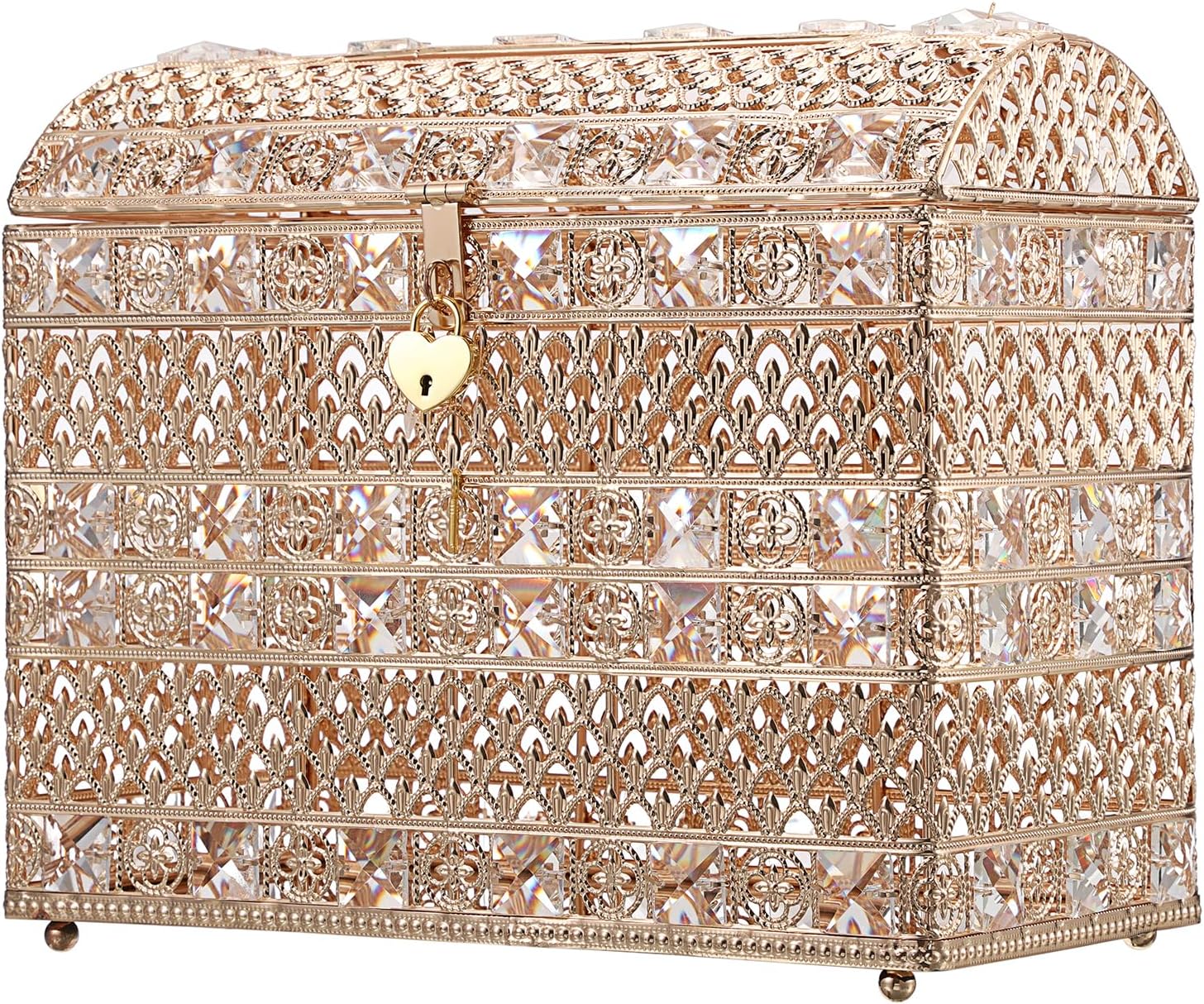 JUXYES Gold Sparkle Crystal Wedding Card Box With Lid for Reception, Gorgeous Treasure Chest Style Keepsake Envelope Box 12 Inches Large Card Receiving Box for Wedding, Reception, Birthday Party