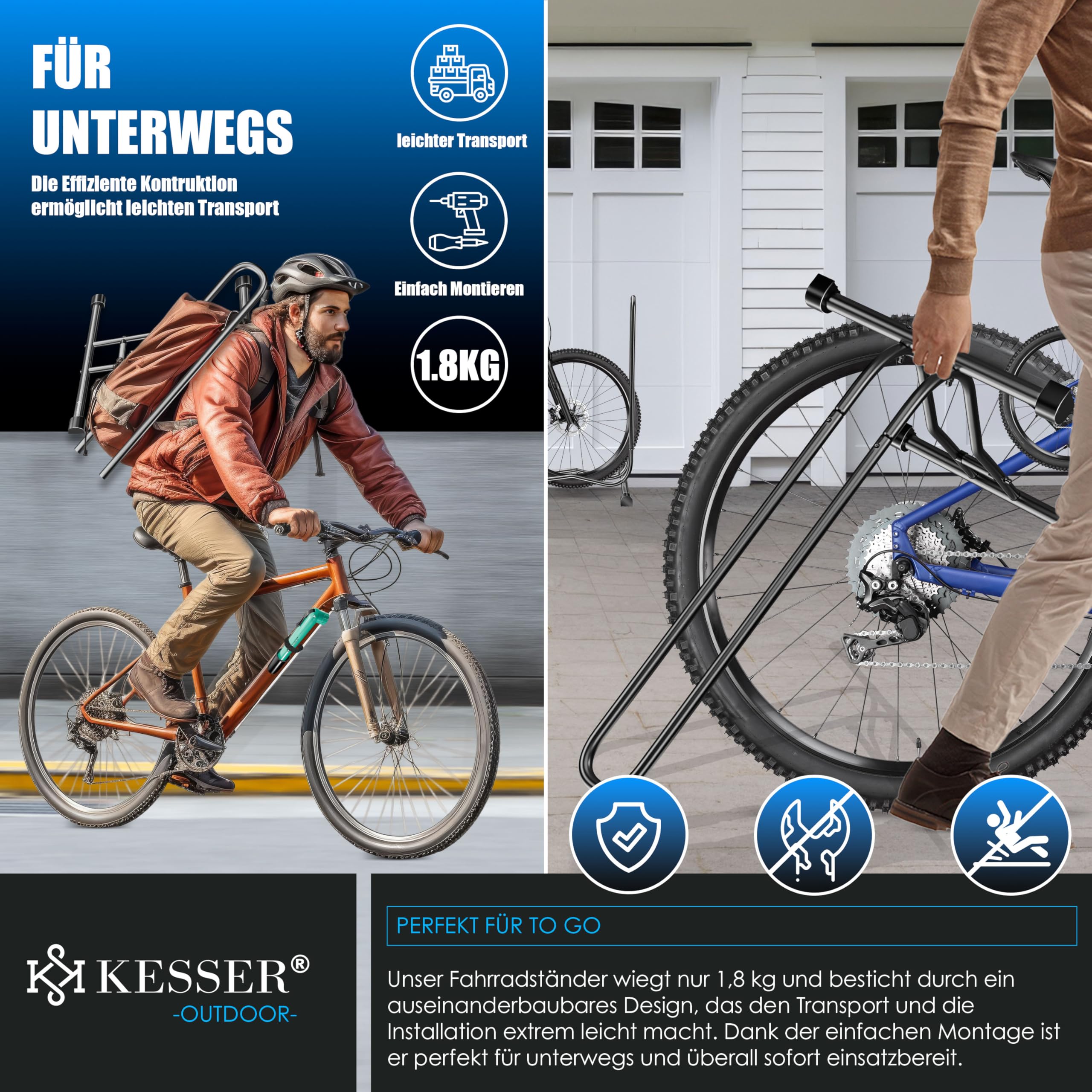 KESSER® Soporte de bicicleta para bicicleta de montaña, bicicleta eléctrica, bicicleta de ciudad, bicicleta de carretera, MTB, soporte de suelo para bicicleta independiente, ancho de neumático de