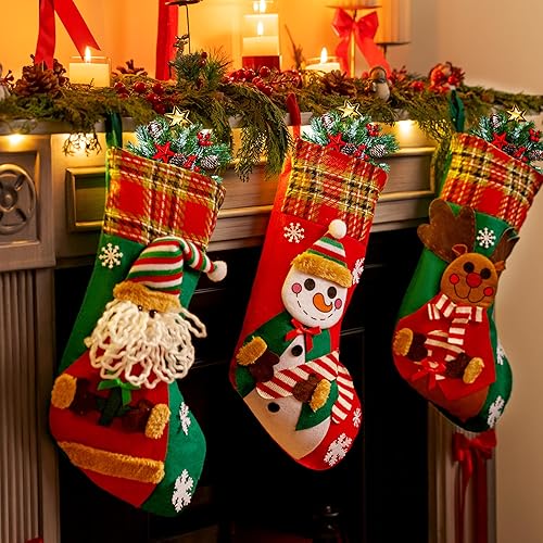 Miniatura 6 de JOYIN Juego de 3 medias de Navidad de 18 pulgadas, medias grandes con muñeco de nieve de Papá Noel y renos, medias de Navidad a granel para la
