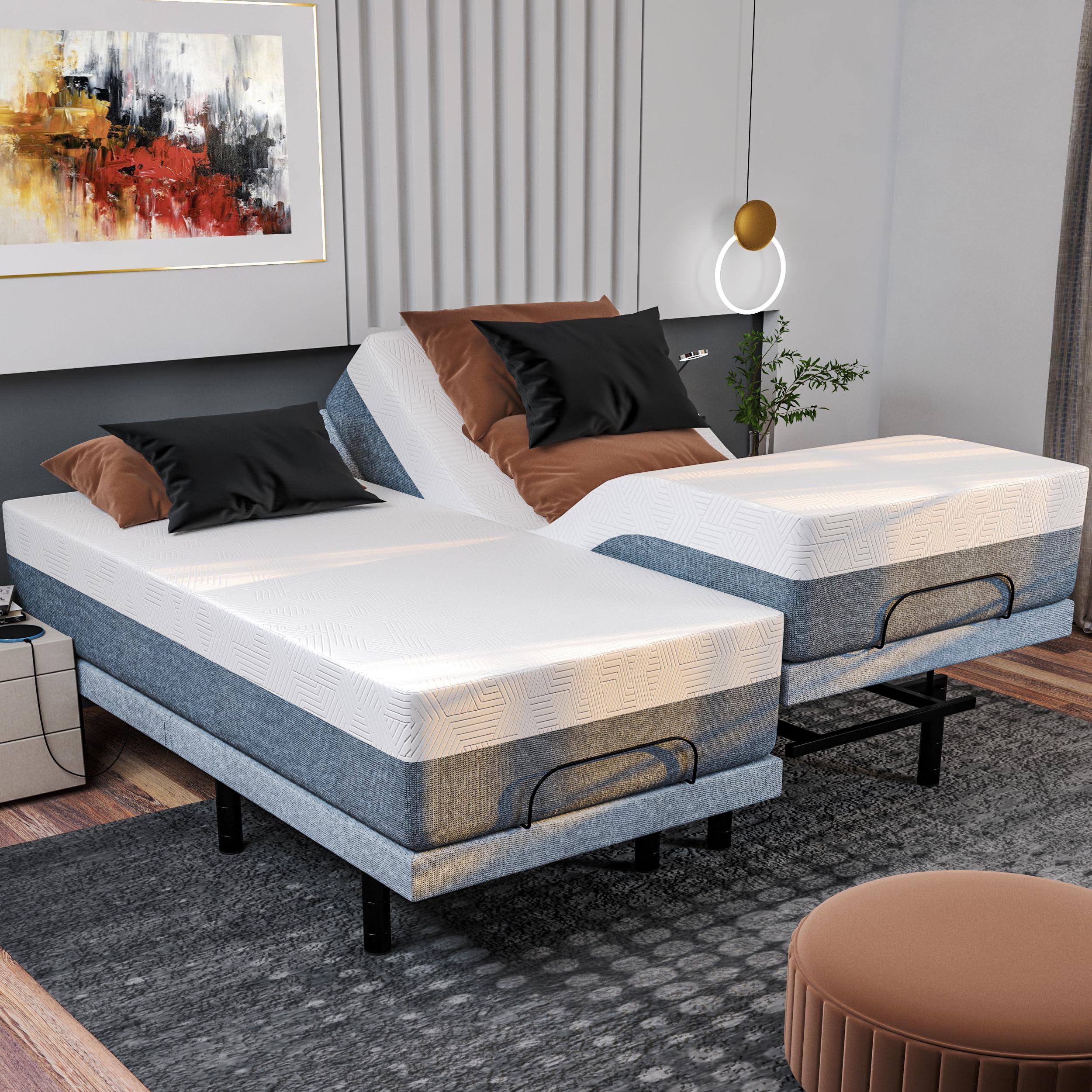 Amazon.com: Renanim Split King Adjustable Bed Frame + 14 Luxury Cooling  Gel Mattress, Dual Electric Massage - Dual USB Ports, Under Bed Light, App  Control, Zero Gravity, Head and Foot Incline Base (