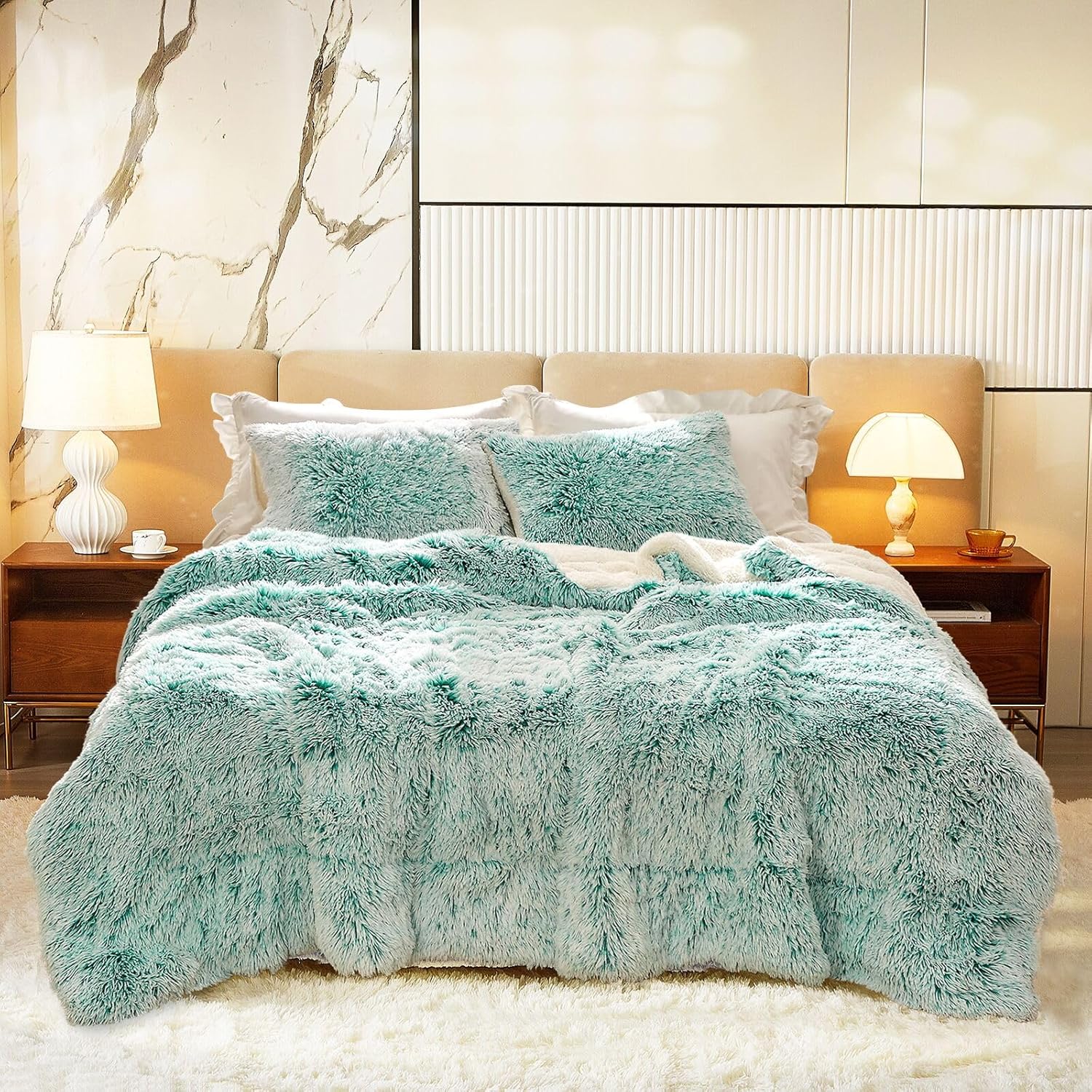 Luxury Faux Fur Shaggy Comforter Set Full/Queen Size, Plush & Sherpa