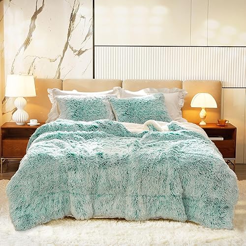 Luxury Faux Fur Shaggy Comforter Set Full/Queen Size, Plush & Sherpa Reversible Comforter Teal with White, 3-Piece Fluffy Fuzzy Bedding Set Ultra Soft and Warm for Winter (1 Comforter + 2 Pillowcases)