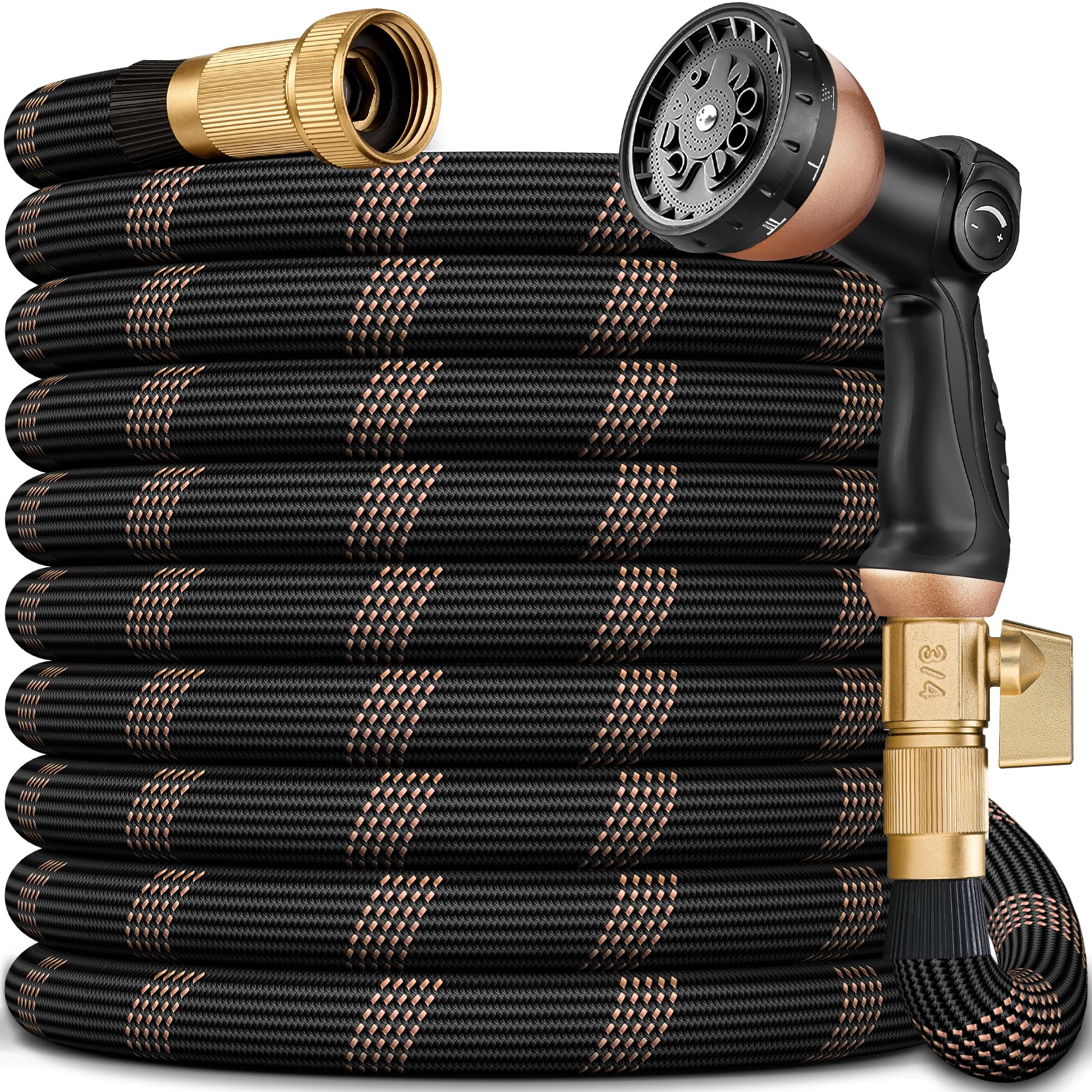 Photo 1 of Garden Hose 150FT, Lightweight Flexible Water Hose, 5/8" Kink Free Leak Proof Hose, Heavy Duty 96-Layer Woven with 3/4" Brass Fittings, 10 Function Nozzle for Yard Lawn Outdoor Car Wash(BlackRosegold)