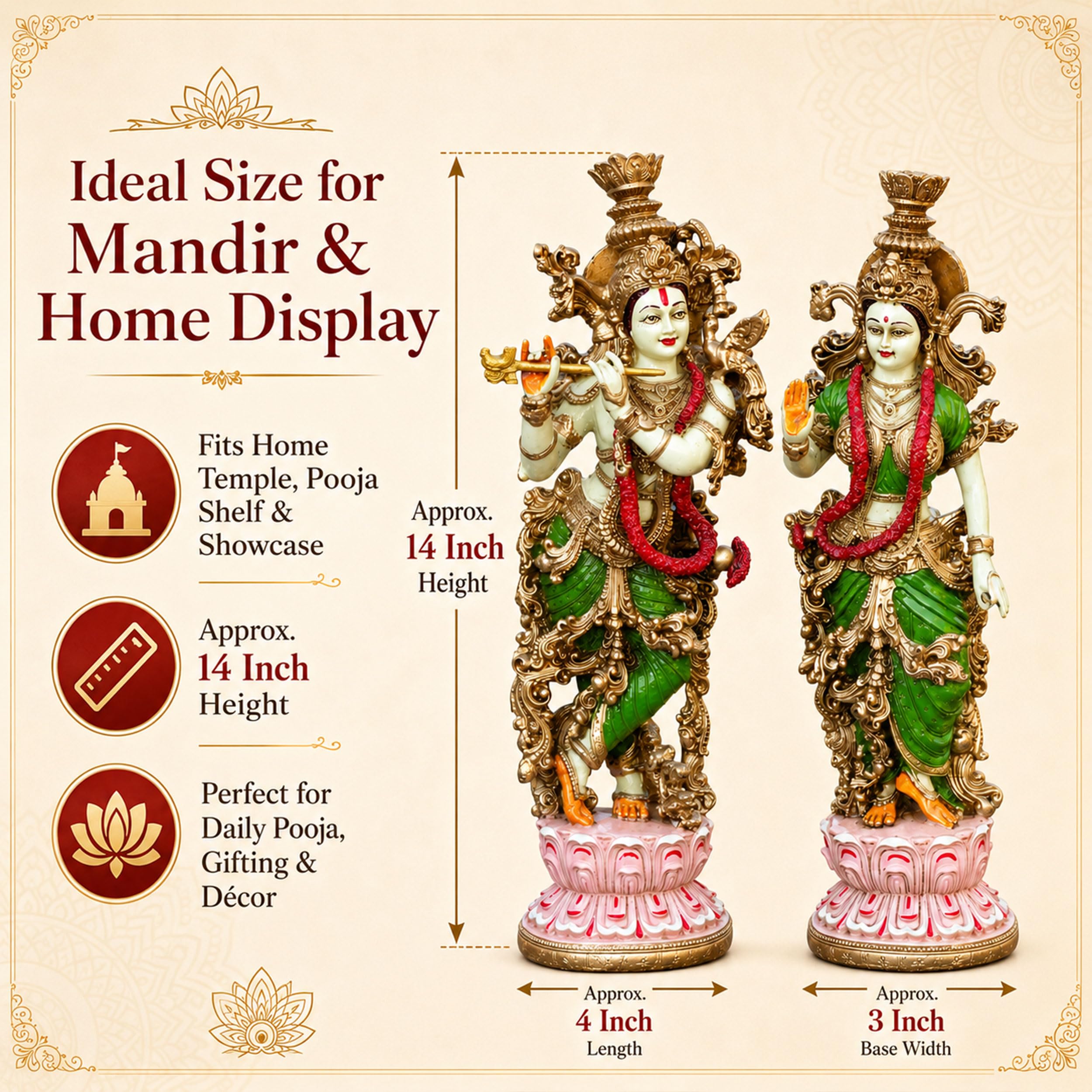 Radha Krishna Idol Pair for Home Mandir Pooja Room Decor | 14 Inch Hand Painted Lacquer Coated Statue Set | Premium Spiritual Showpiece for Living Room Office Temple Wedding Gift (Lotus) — photo — 4 of 8