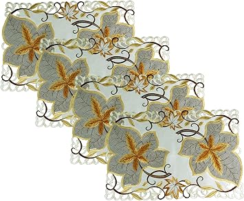 H & A Collection Marina Decoration Vintage Elegant Embroidered Cutwork Kitchen Dining Table Placemats, Thanksgiving Autumn Leaves with Sheer and Ivory Base, 12 x 18 Inch, Set of 4