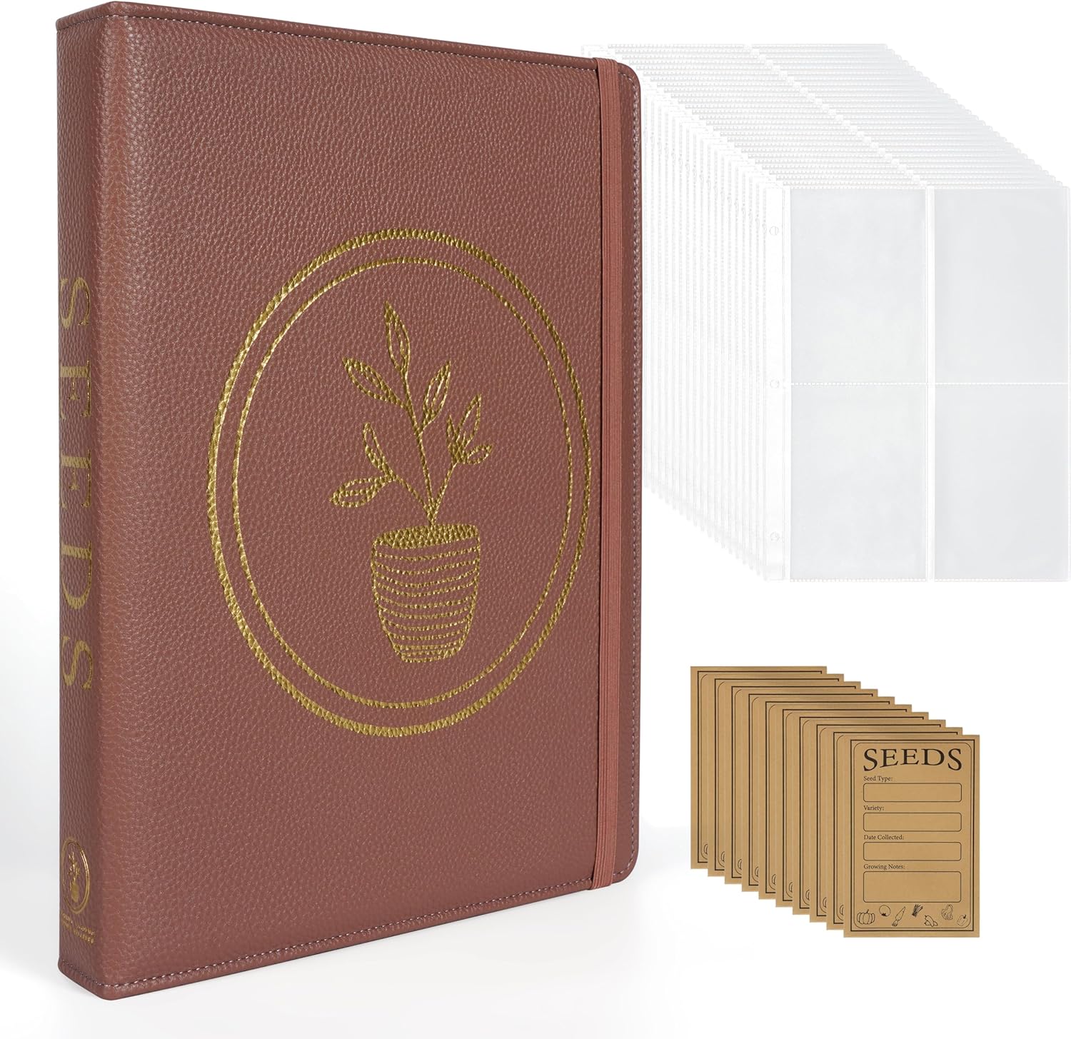 Seed Storage Organizer Binder – Holds 100 Seed Packets, Seed Packet Organizer Book w/Side Loading Sleeves, 4 Kraft Paper Dividers, Extra Pockets, 10 Blank Envelopes, Gift for Garden Enthusiasts.