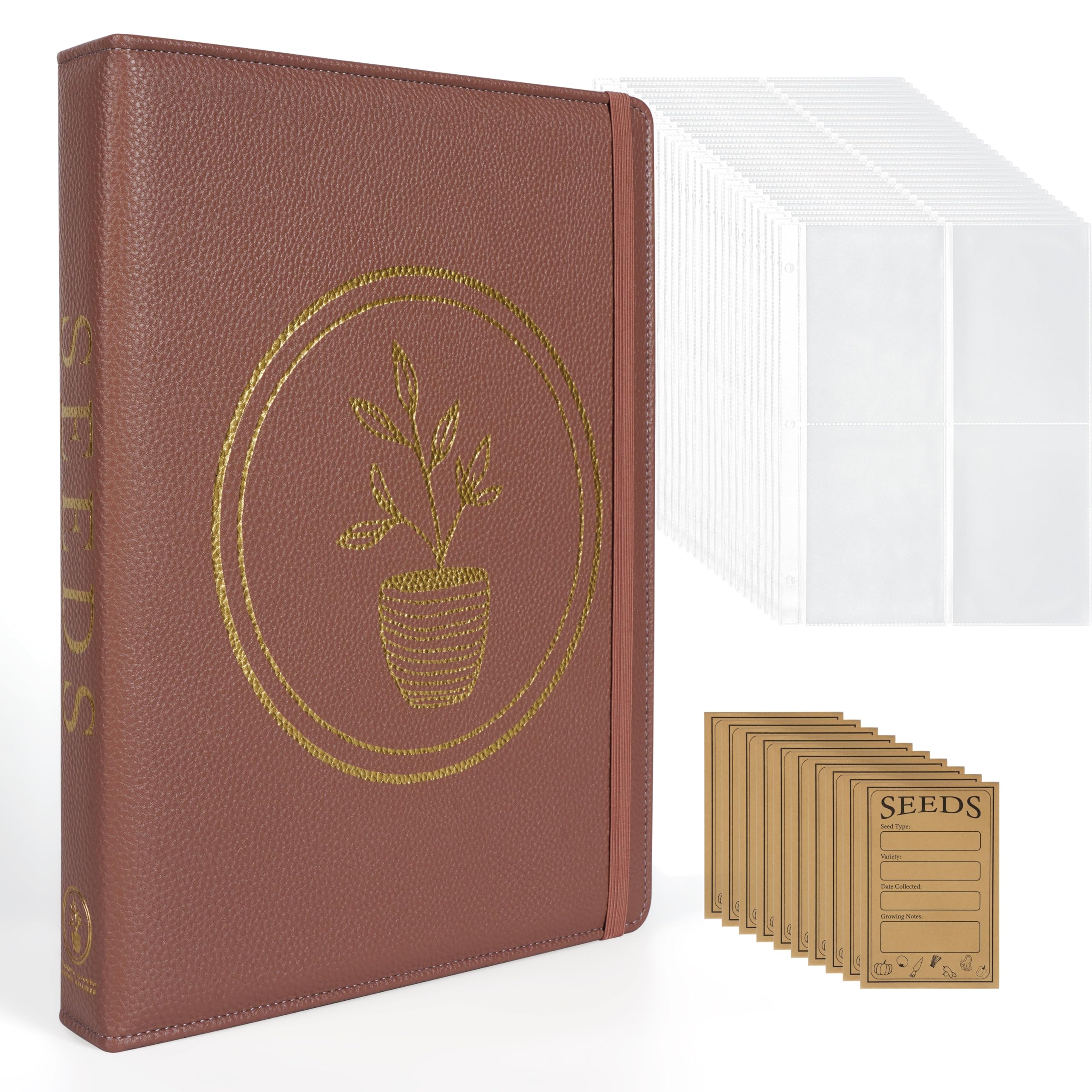 Seed Storage Organizer Binder – Holds 100 Seed Packets, Seed Packet Organizer Book w/Side Loading Sleeves, 4 Kraft Paper Dividers, Extra Pockets, 10