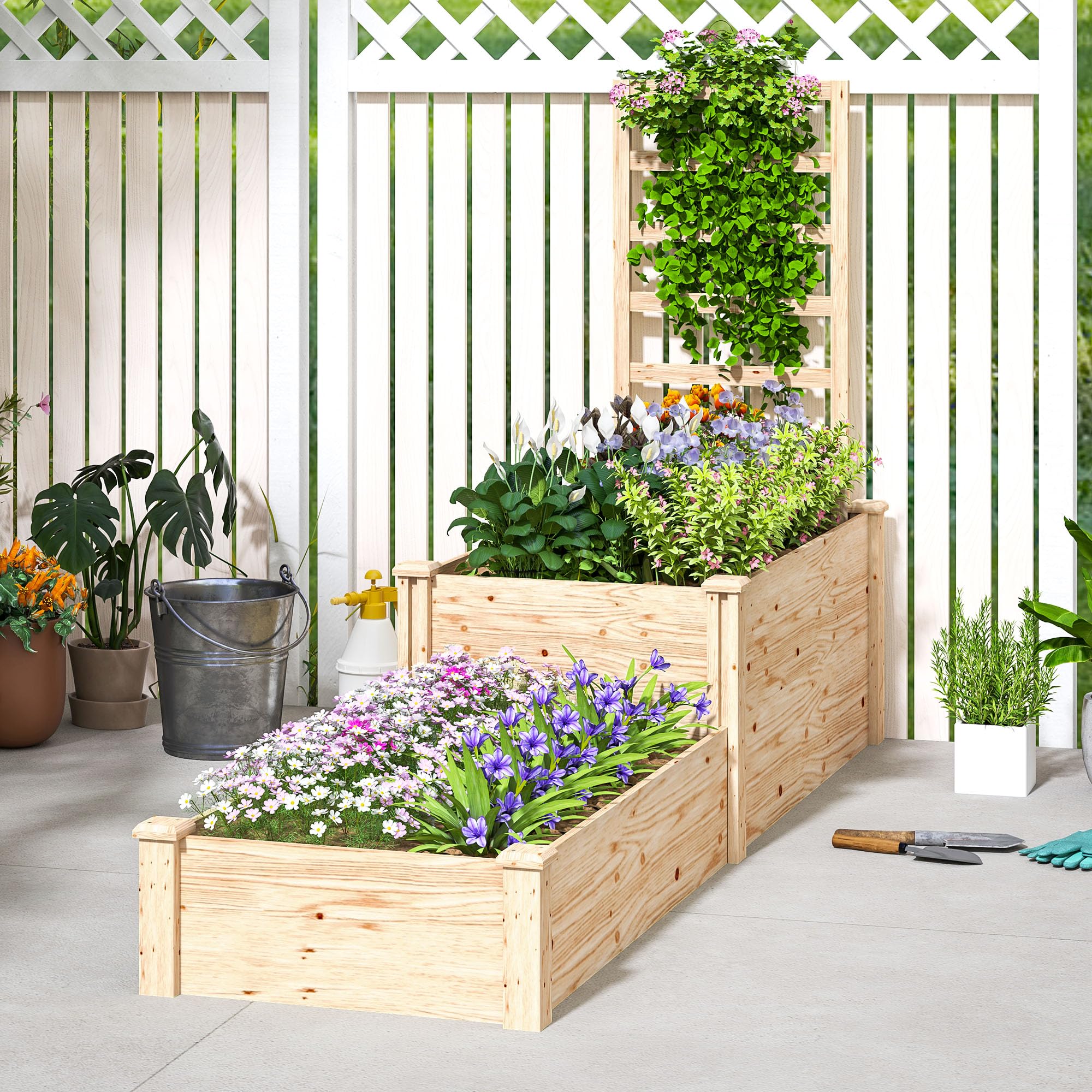 Outsunny Skrzynka na kwiaty z kratką, podniesione łóżko ogrodowe, 2 pojemniki na rośliny z otwartym dnem, drewniana skrzynka na kwiaty na balkon, taras, patio, 222 x 63 x 132 cm, naturalne drewno