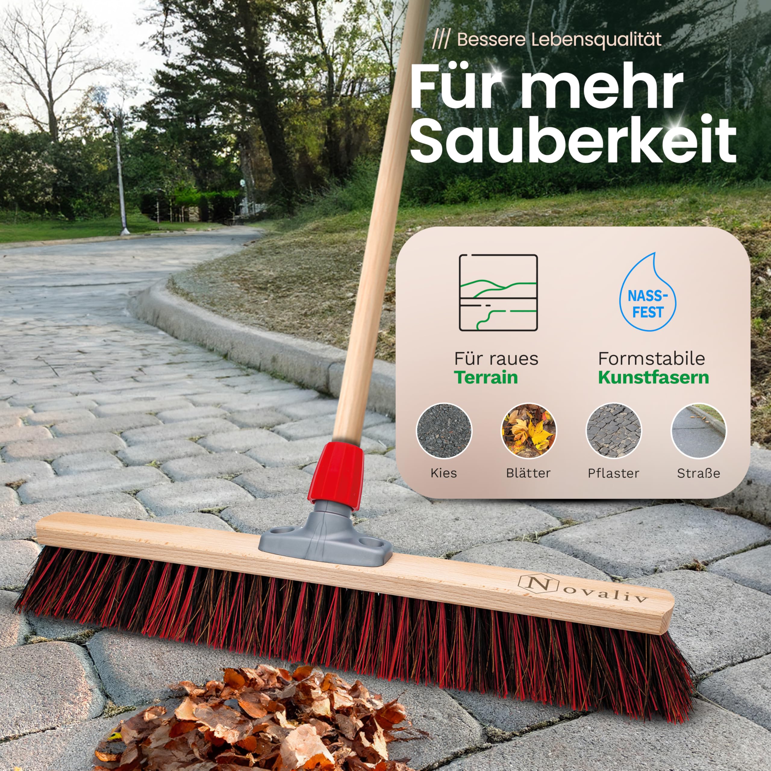 Novaliv Scopa da giardino, 60 cm, con manico in legno, Arenga-Elaston, scopa da giardino