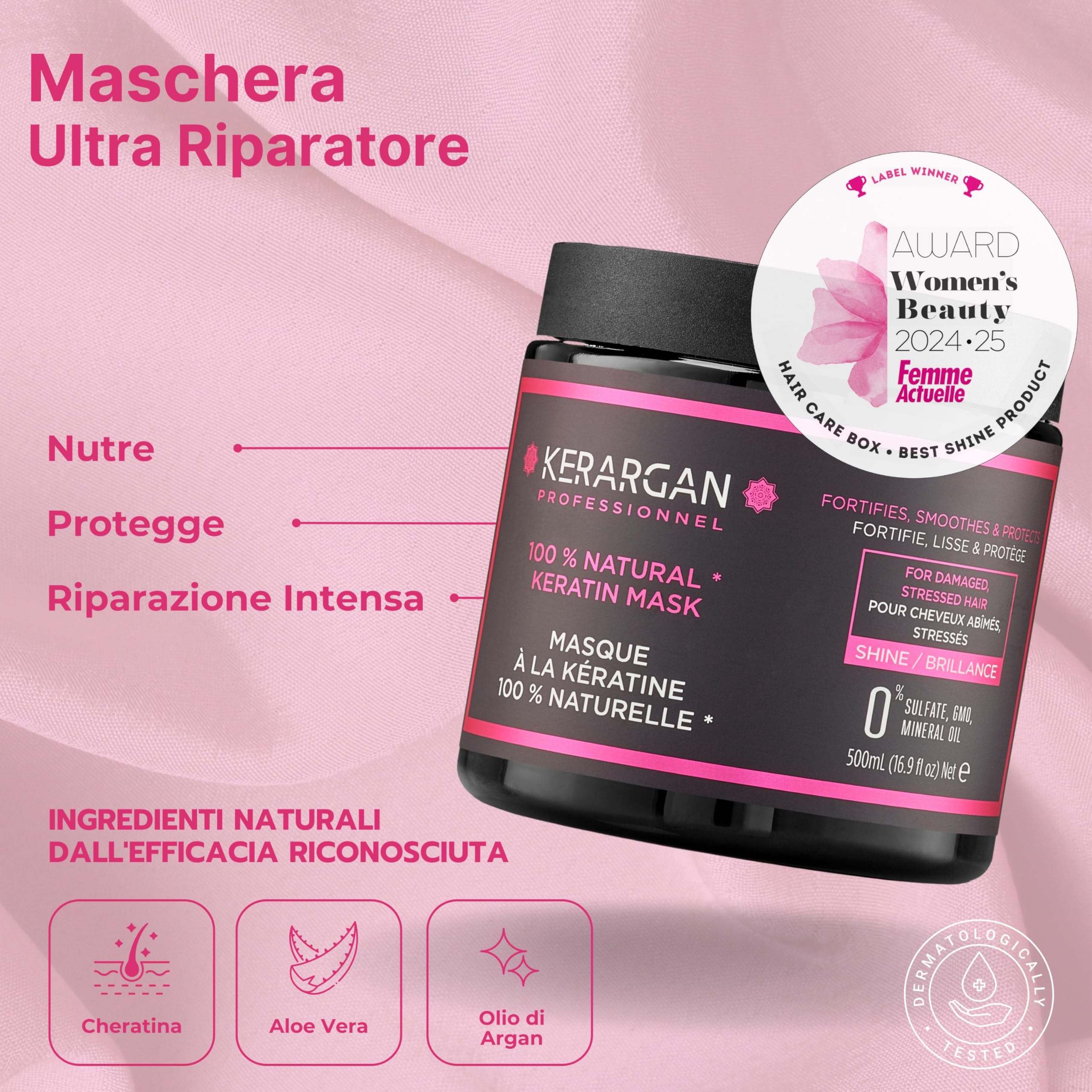 KERARGAN - Duo Cheratina: Maschera e Siero Ristrutturante - 500ml+100ml | Maschera e siero alla cheratina per ristrutturare le lunghezze, controllare il crespo e proteggere le punte