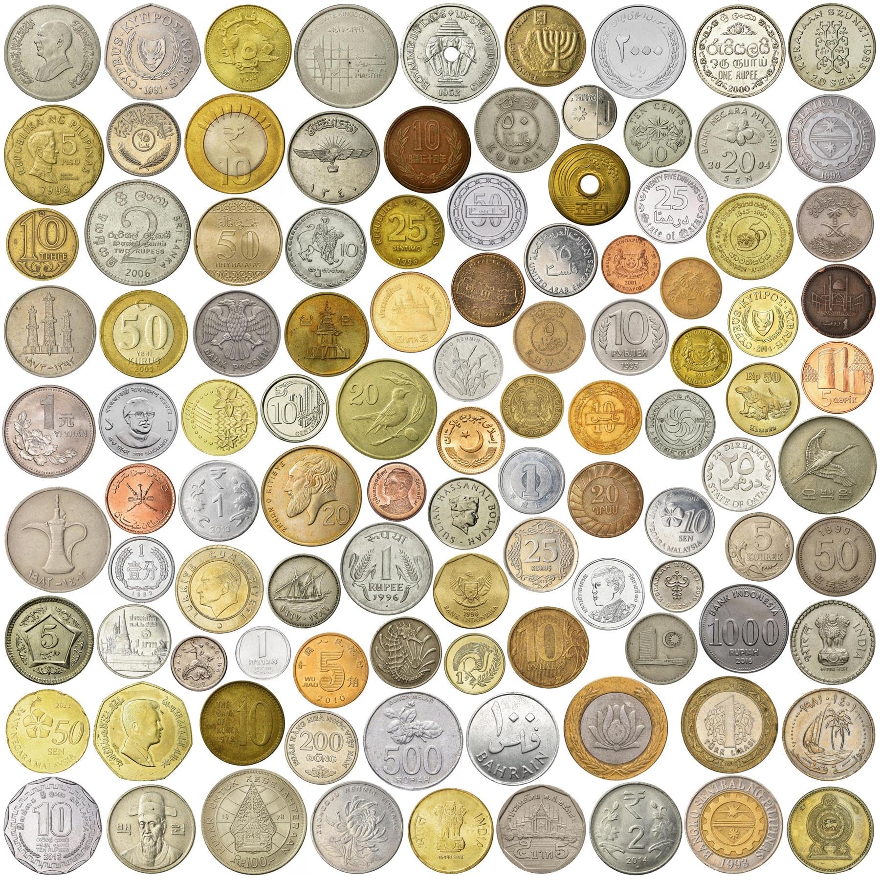 Asian Coin Collection, 100 Different Asian Coins, Japanese, Indian, Chinese, Filipino, and more, Symbols, Scripts