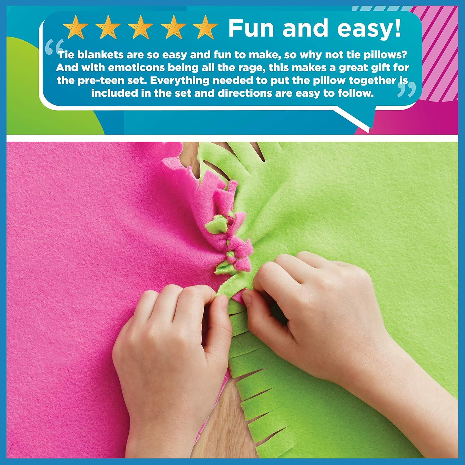 Made By Me Easy to Knot Jumbo Emoticon Pillow by Horizon Group USA, No Sewing, No Cutting, 20 in.x 20 in. Fleece Pillow, Pre-Cut Squares & Felt Decals, Fiber Fill, Assorted (73041F) : Home & Kitchen