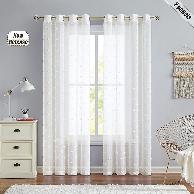 Beauoop Semi Sheer Window Curtains 54-inch Long for Girls Room Bedroom Pretty Pom Pom Dot Floral Voile Juvenile Curtain Drapes Decorative Eyelet Top Window Treatment Set, 2 Panels, 54 x 54 Inch, Ivory