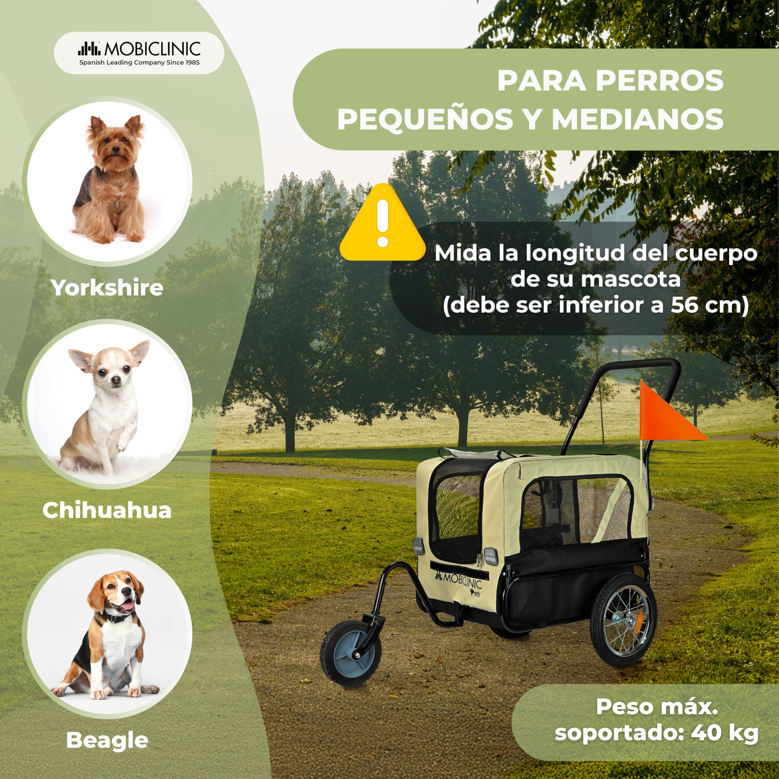 Mobiclinic®, Remolque de Bicicleta para Perros + Carro de Transporte, 2 en 1, hasta 40 Kg, Cubierta Impermeable, 123x67x100 cm, Reflectores y Bandera, 600D Oxford, para Perros Pequeños y Medianos
