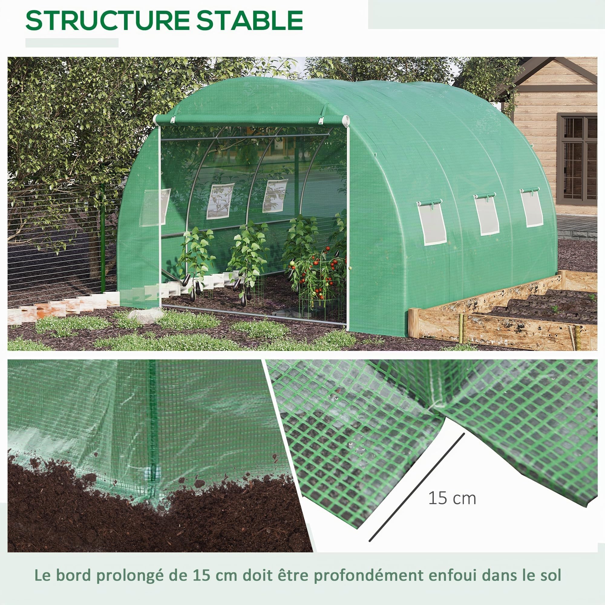 Outsunny Serre de Jardin 9 m² Porte Enroulable 6 Fenêtres 3 x 3 x 2 m Vert