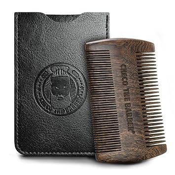 Sandalwood Beard Comb with Protective Case - Anti-Static Dual Action Fine & Coarse Teeth - Pocket Size Beard Grooming Tool for Men