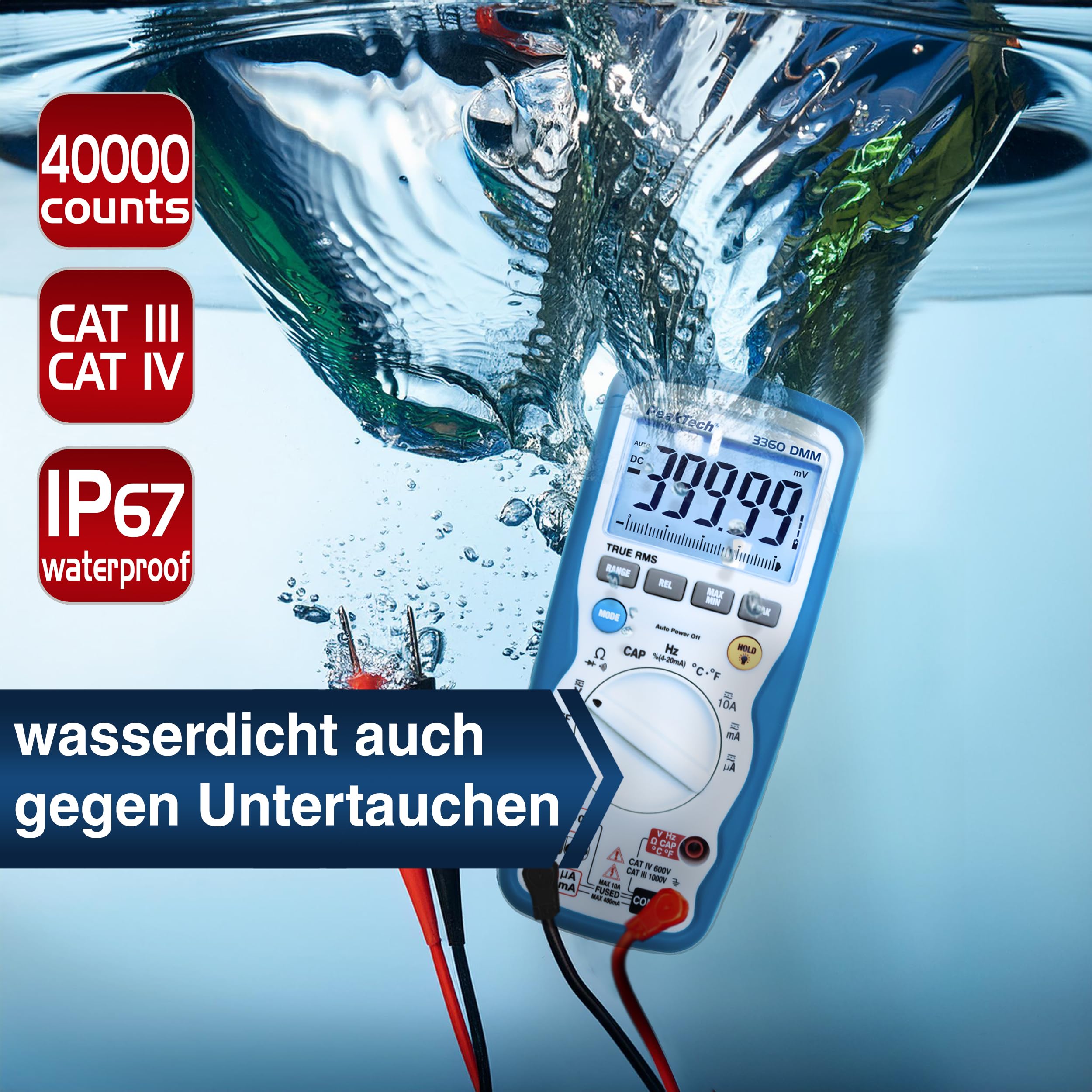PeakTech P 3360 - True RMS Multimeter Digital - (IP67) Wasserdichter Spannungsprüfer & Strommessgerät - 40000 Counts - Extrem Robustes Gehäuse mit TÜV/GS - Messgerät, Durchgangsprüfer - CAT III 1000 V