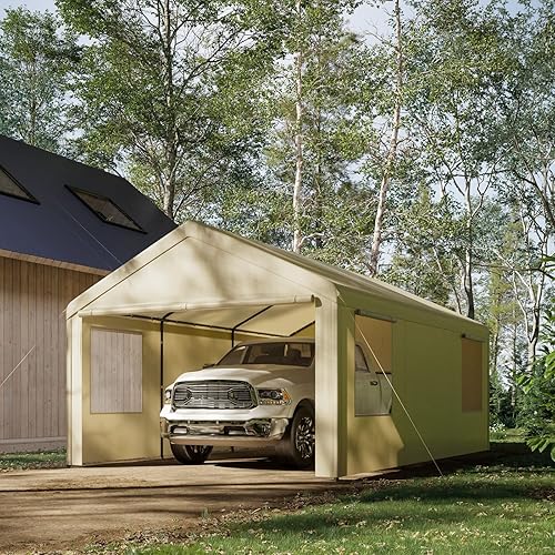 Miniatura 7 de Gardesol Cochera resistente de 10 x 20 pies con ventanas ventiladas enrollables, garaje portátil reforzado con paredes laterales y puertas