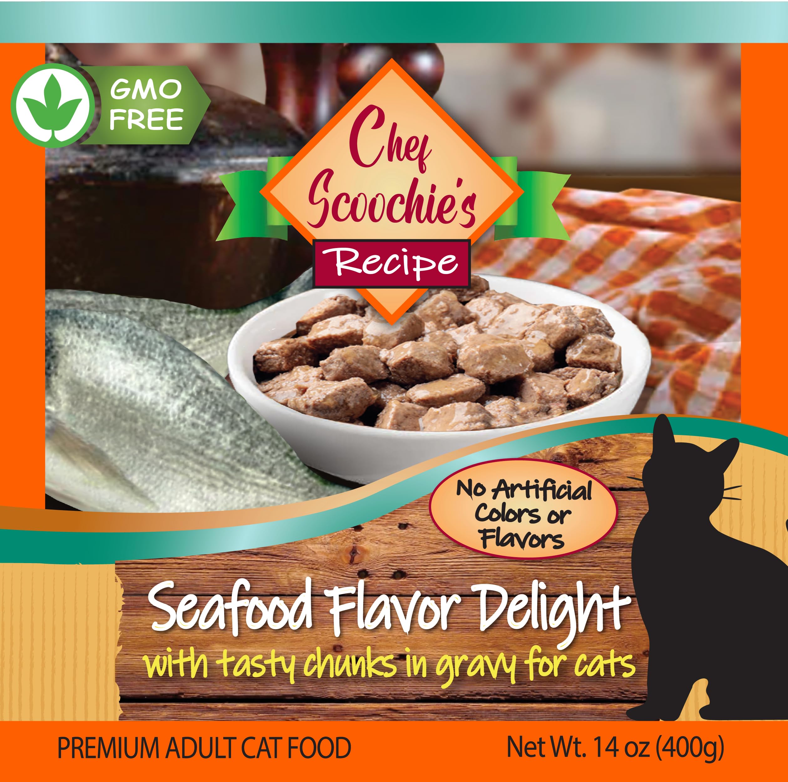Scoochie Pet Products Chef Scoochie's Tender Seafood Chunks in Gravy Wet Cat Food - Easy Open Pop-Top Cans - Protein & Essential Nutrients - Gourmet Meal for Indoor & Outdoor Cats 12 Cans (14 oz e.)