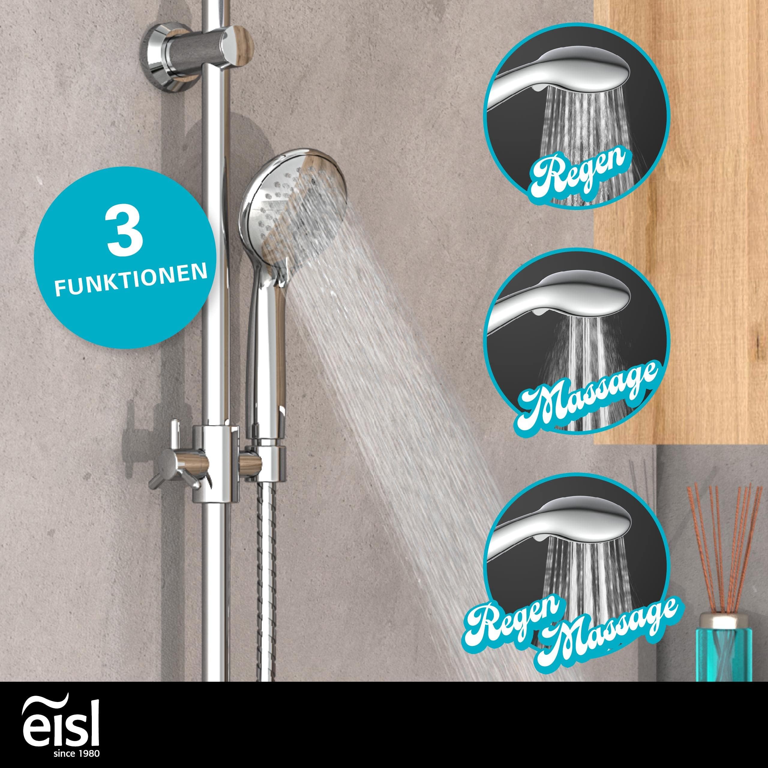 EISL DX12009 Duschset zum Kleben, Duschgarnitur mit Regendusche, Duschstange ohne Bohren, Duschsystem ohne Armatur, Duscharmatur mit Regenwalddusche und Handbrause mit 3 Strahlarten, Chrom