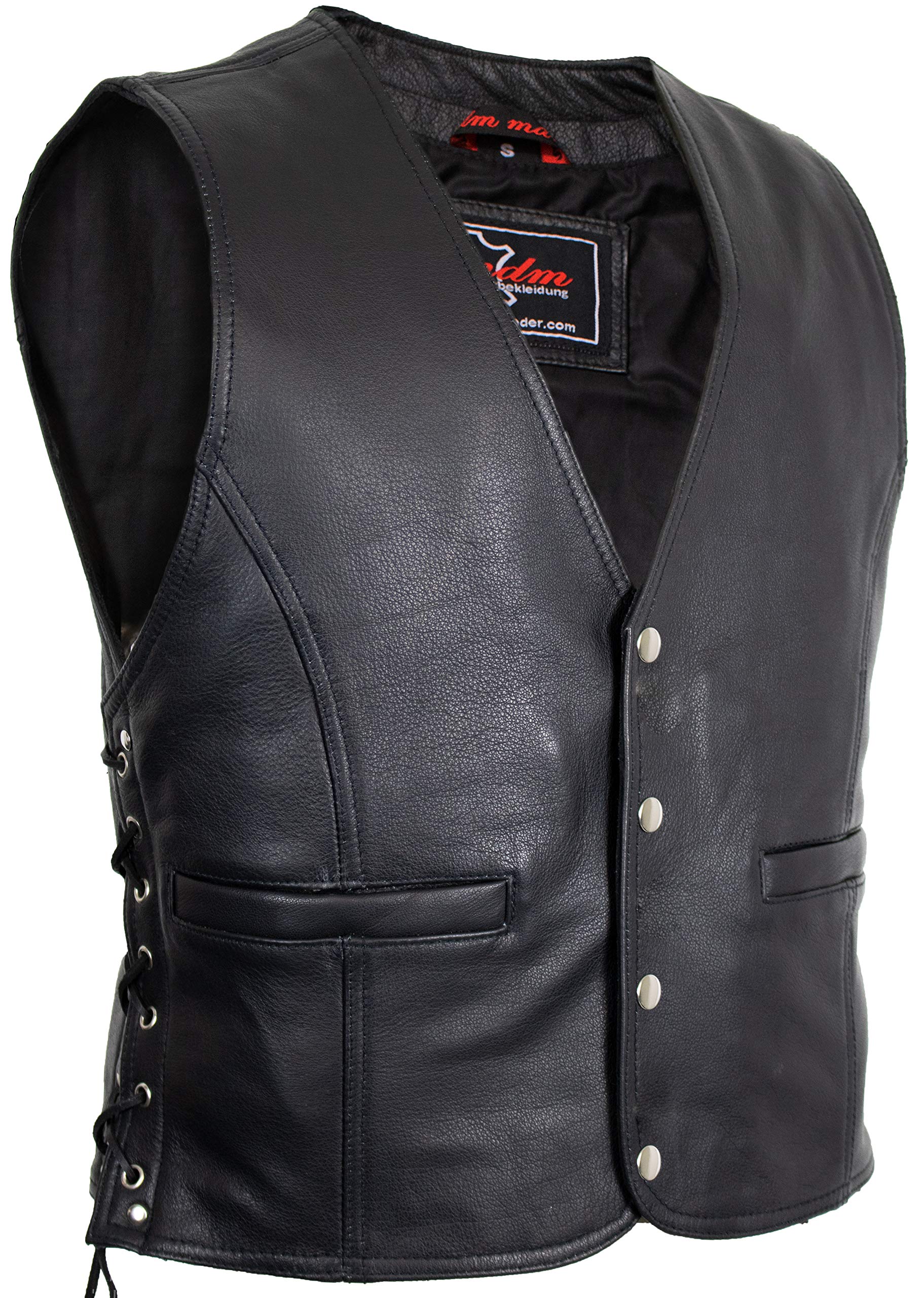 MDM Gilet in pelle uomo moto biker, Gilet moto uomo in vero cuoio bovino 1,2 mm, nero, con lacci laterali e tasche, Senza cucitura posteriore, ideale per patch