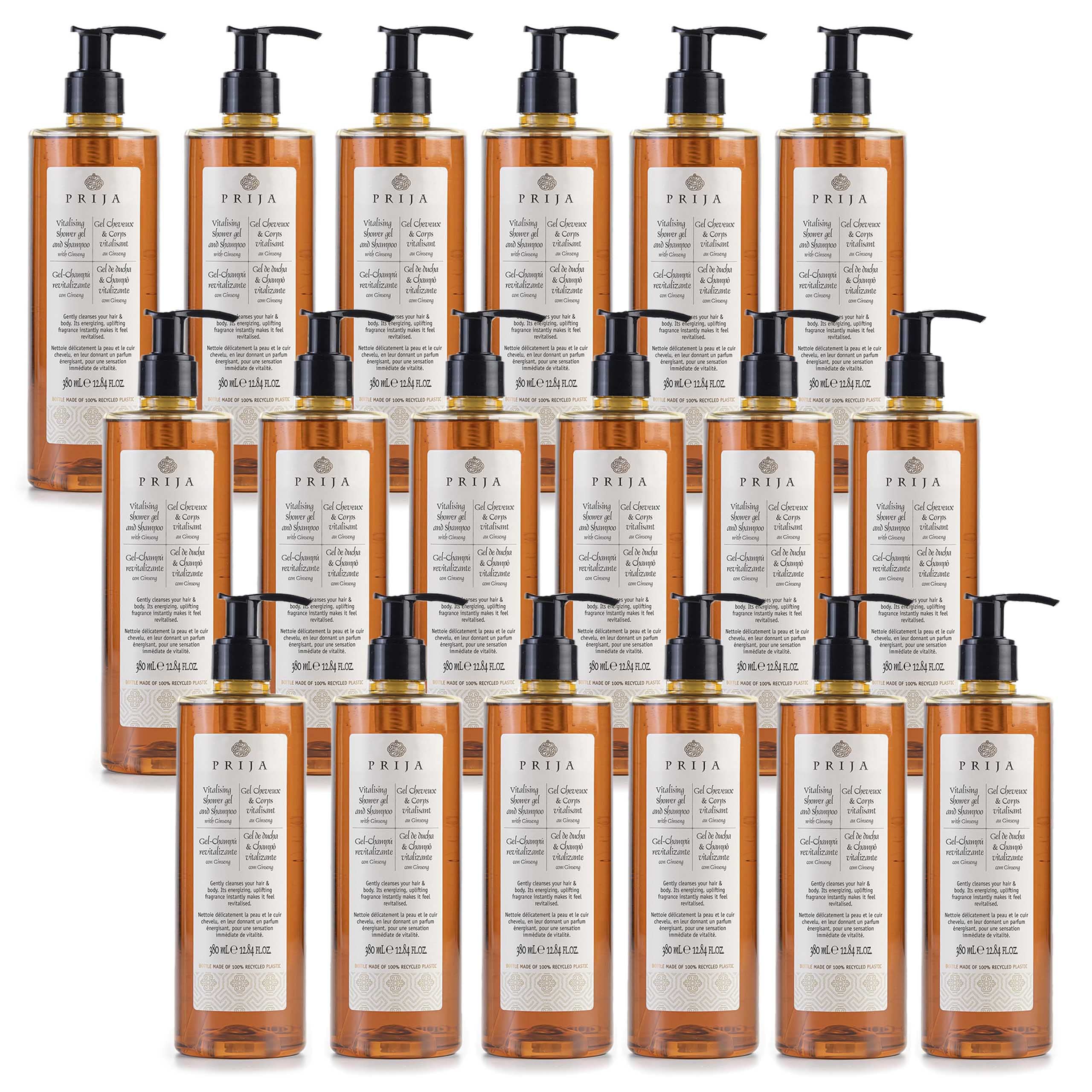 PRIJA Champú-gel de ducha líquido 2 en 1 con extracto de ginseng, con dosificador, vegano (18x380ml)