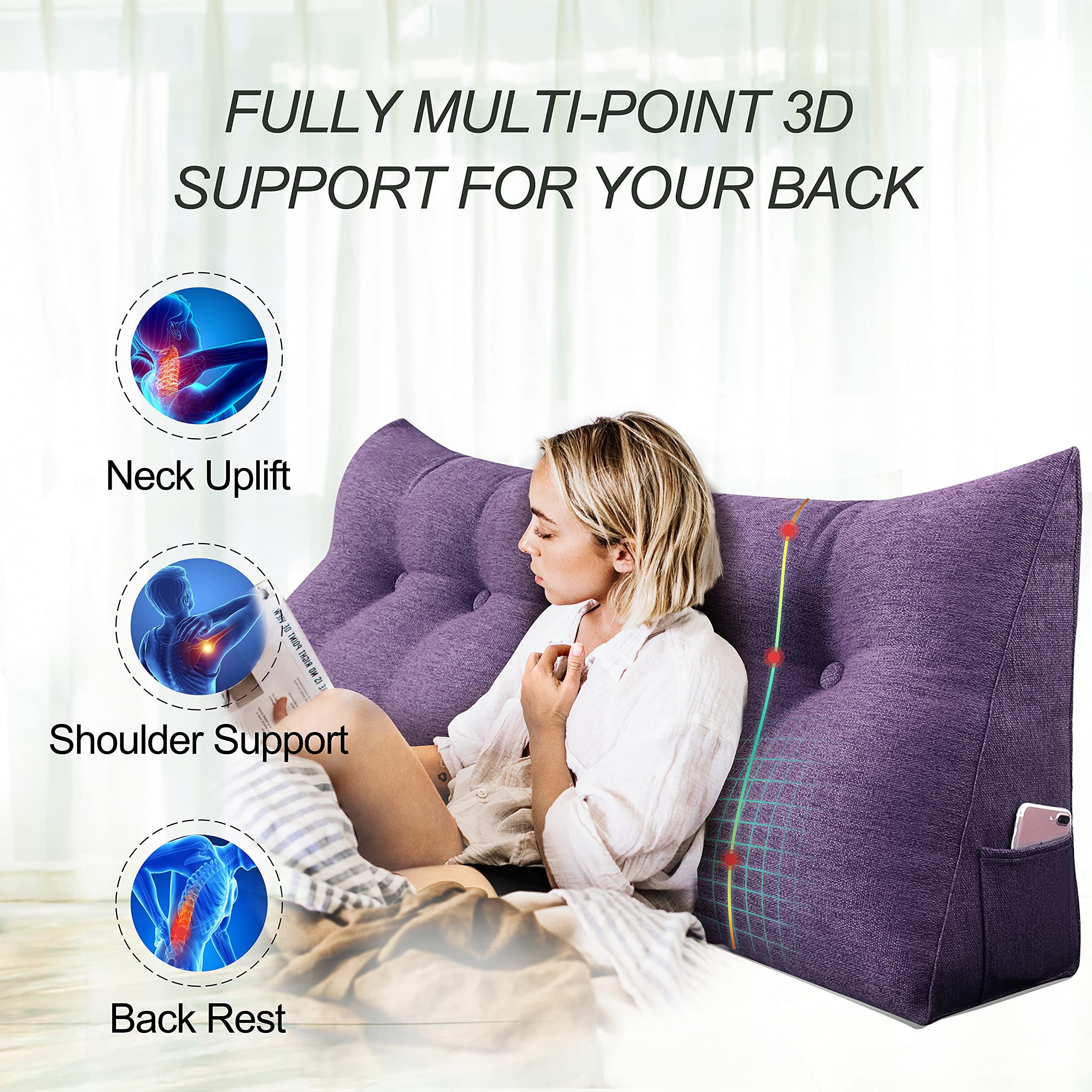 VERCART Sofakissen Groß Fest mit Bezug Polster Sofa Dreieck Gepolstert Ruecken Kissen für Couch Tagesbett, Rückenkissen für Bett zum Anlehnen Violett 60x20x50cm