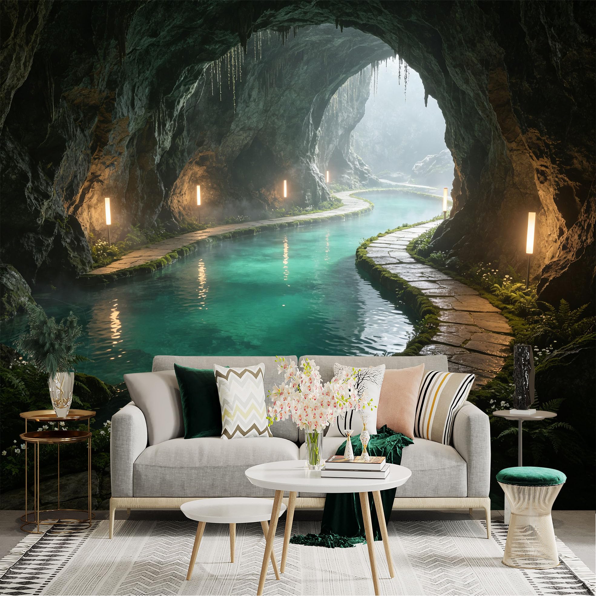 Custom Size Wall Sticker Mural， Mysterious Limestone Cave， Glowing Underground River， Scenic Stone Pathway， Nature Landscape， for wall Decoration， peelandstick wall Decals.