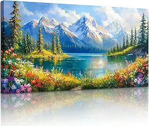 crmotu Spring Landscape Wall Art, Snow Mountain Lake Large Artwork, Colorful Meadow Wildflower Canvas Pictures, Nature Wilderness Paintings Wall Decor Living Room Bedroom Kitchen Farmhouse 24x48 Inch