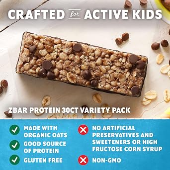 Zbar Protein Snack Bars Variety Pack, Gluten Free Protein Bars, 30ct | 5g Protein, Gluten Free, Made with Organic Oats, No Artificial Preservatives or Sweeteners, Snacks for Kids