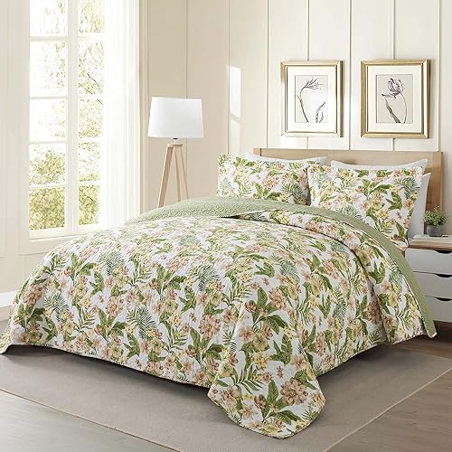 Vista 18 de NEWLAKE Juego de colcha de algodón, juego de colcha reversible de retazos, estampado real clásico turquesa, tamaño Queen Turquesa Clásico