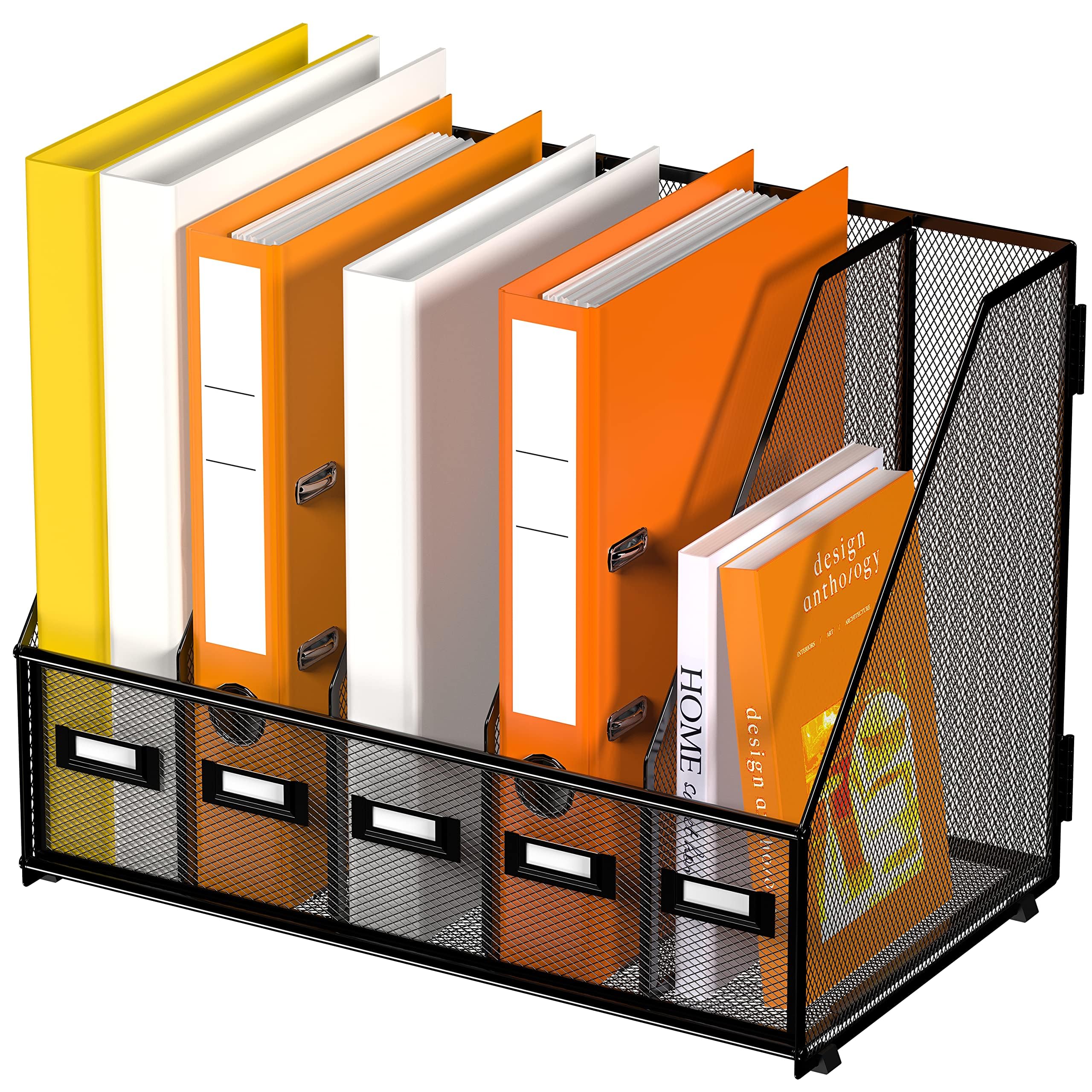SUPEASY Organizzatore da Scrivania - Archivio per Scrivania in Metall, Contenitore di Documenti con 5 Compartimenti Verticali, Scaffale Organizzatore di File per Desktop Ufficio, Nero Plus