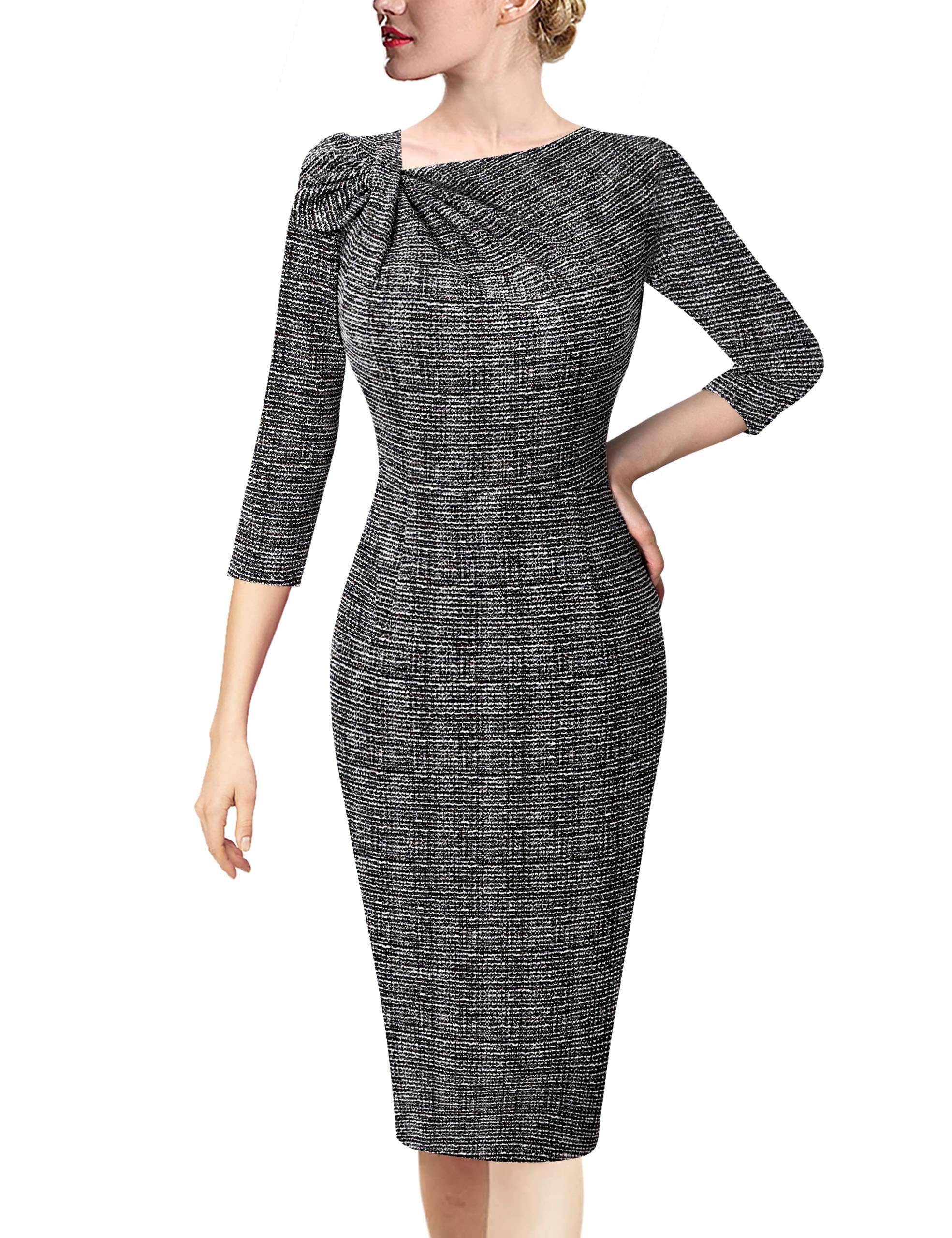 VFSHOW Womens Pleated Asymmetric Bow Neck Work Business Office Pencil Dress