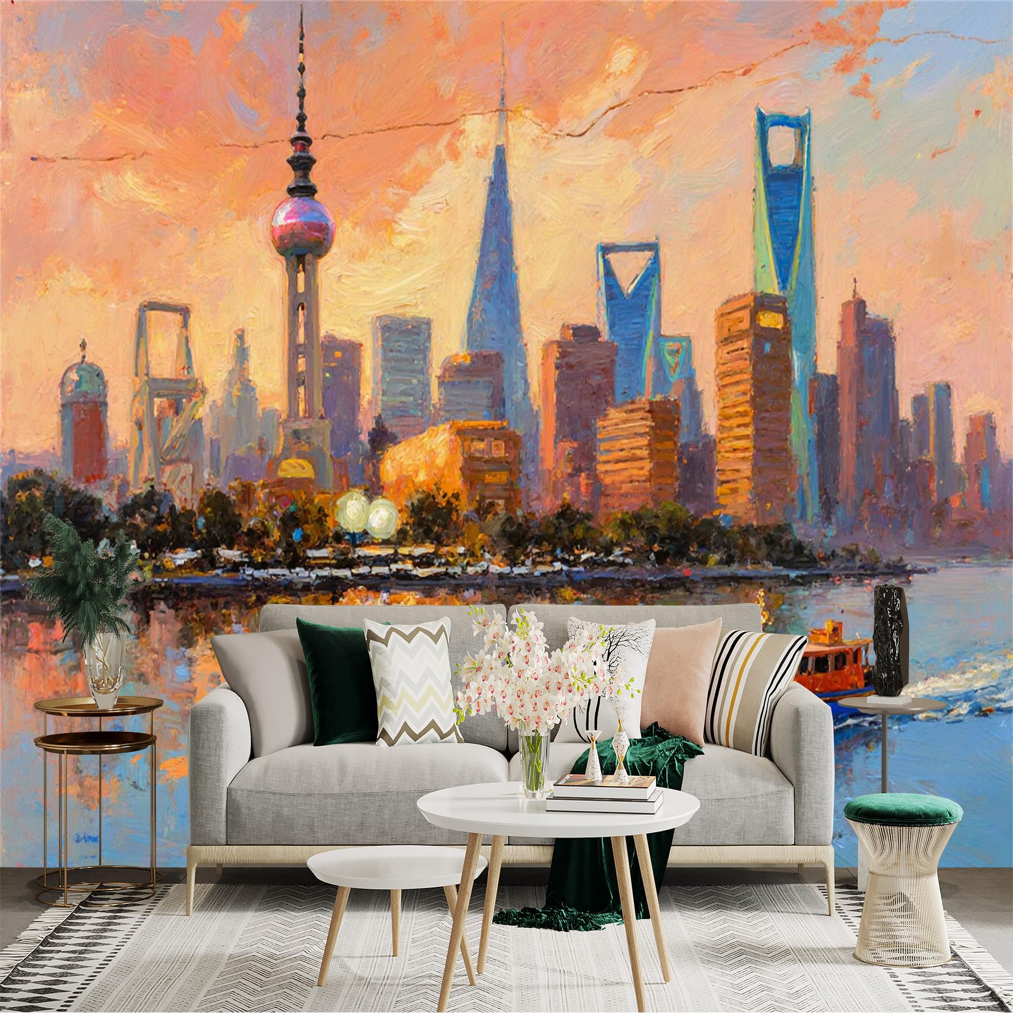 Custom Size Wall Sticker Mural， Sunset City Skyline with River Boat and Modern Buildings， for wall Decoration， peelandstick wall Decals.