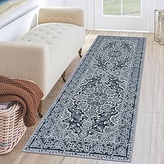 KUTA Waschbarer Vintage-Läufer, 5 x 15 cm, marineblau, Läufer für Flur, rutschfest, Küchenteppich, ultraweich, bedruckt, Used-Look, Blumenmuster, für Waschküche, Schlafzimmer, Wohnzimmer, Kinderzimmer